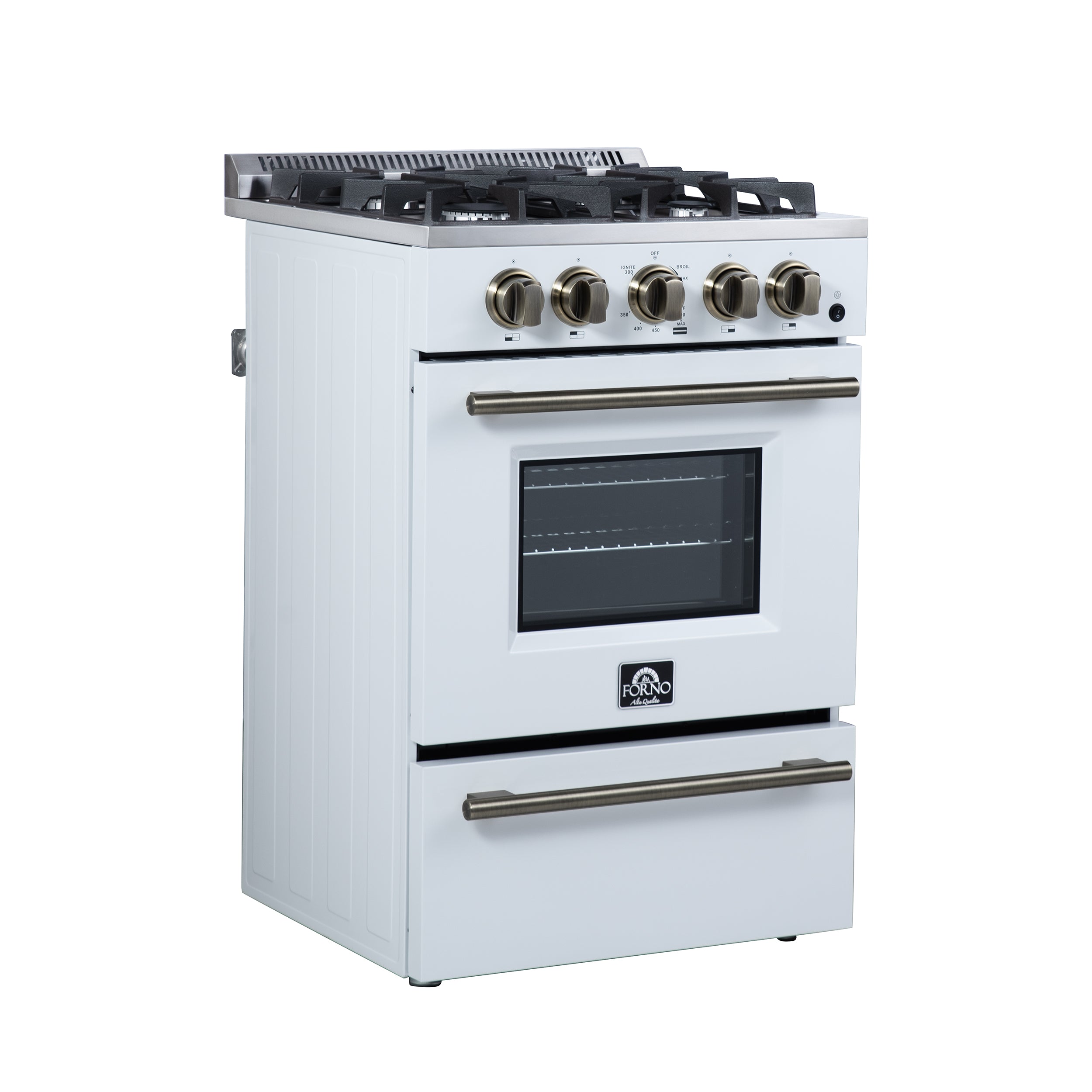 White freestanding gas range with brass control knobs, cooktop burners, and oven window