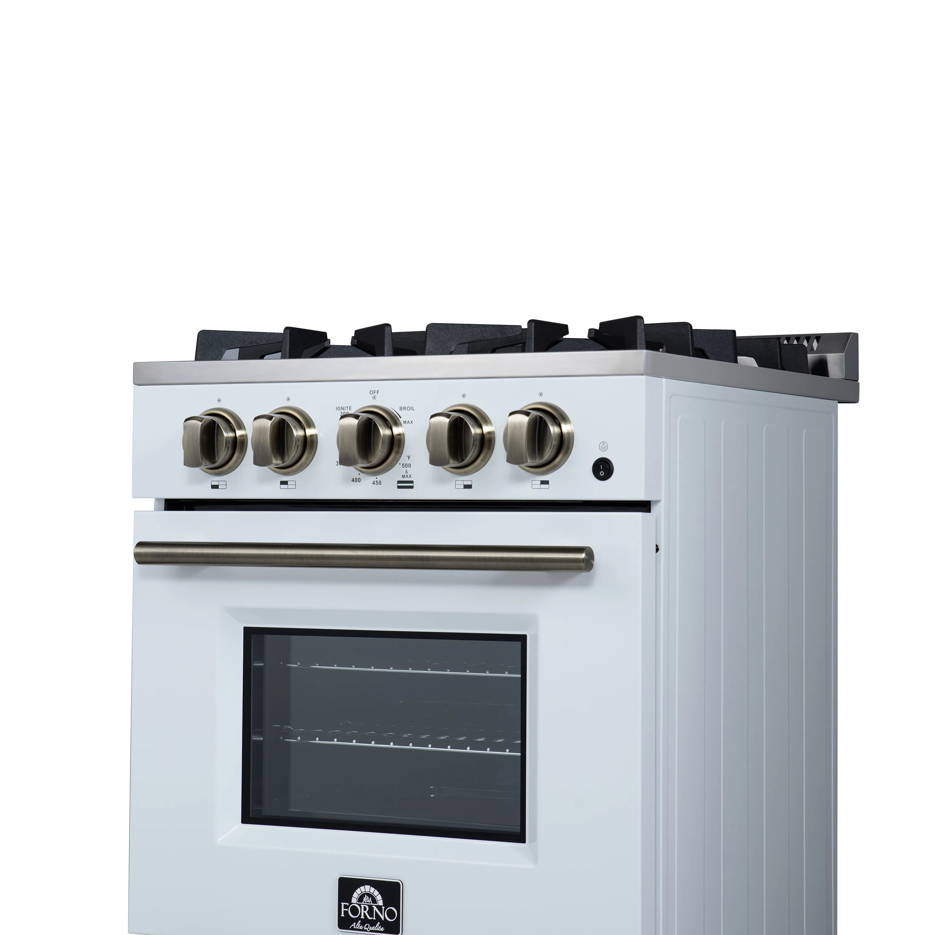 Front-top view of white gas range showing brass-trim control knobs and oven window