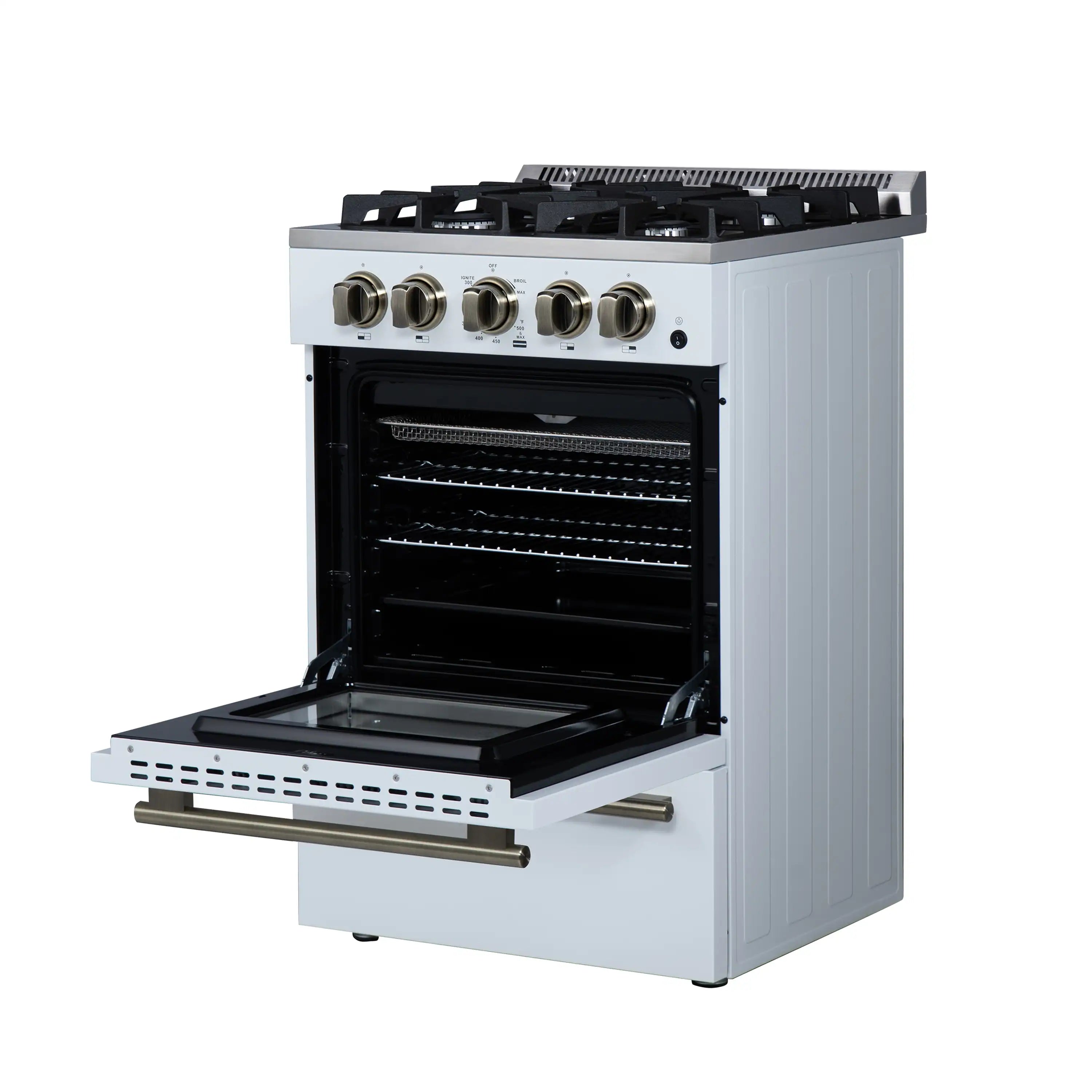 White freestanding gas range with open oven and pull-out broiler drawer