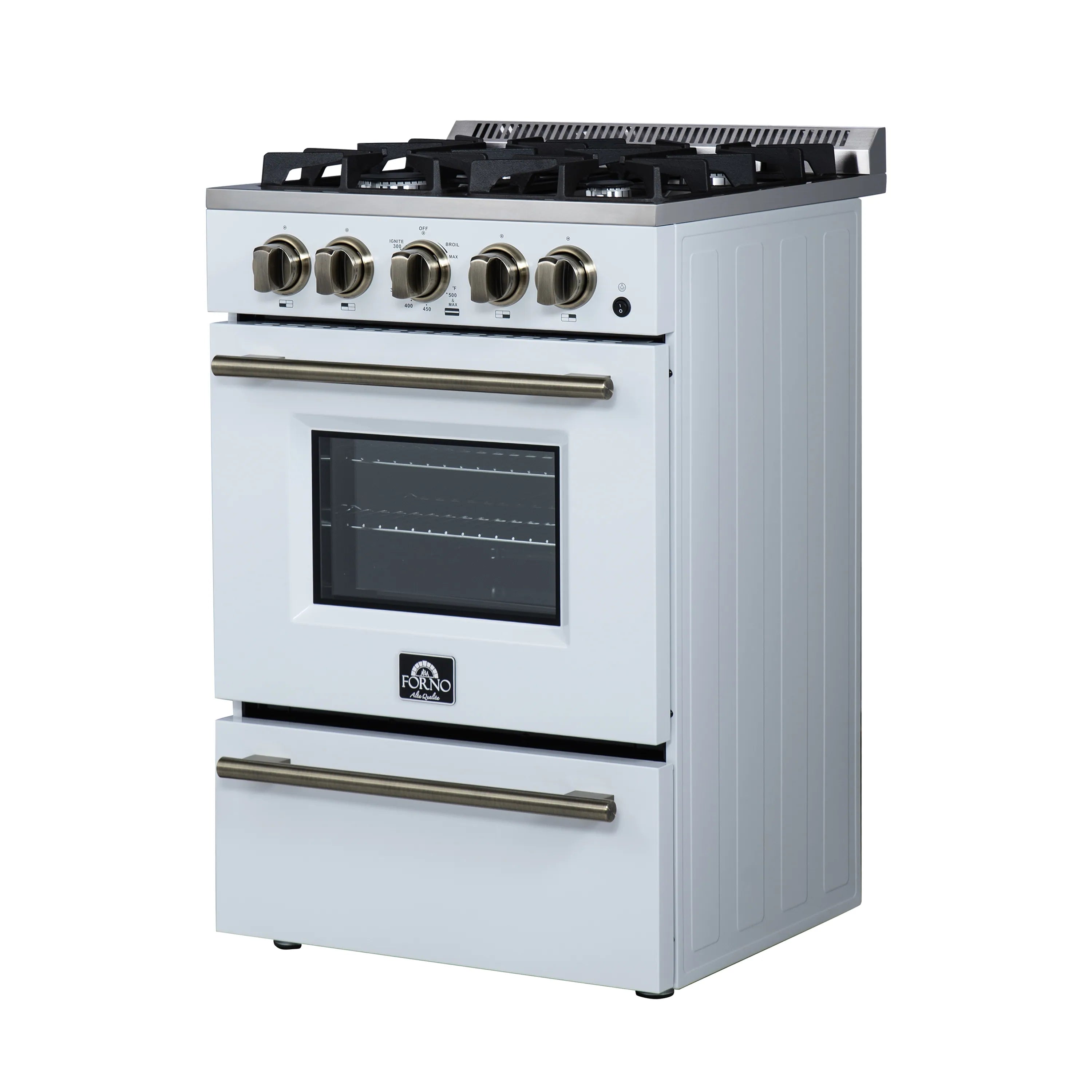 White freestanding gas range with antique brass trim, oven door closed