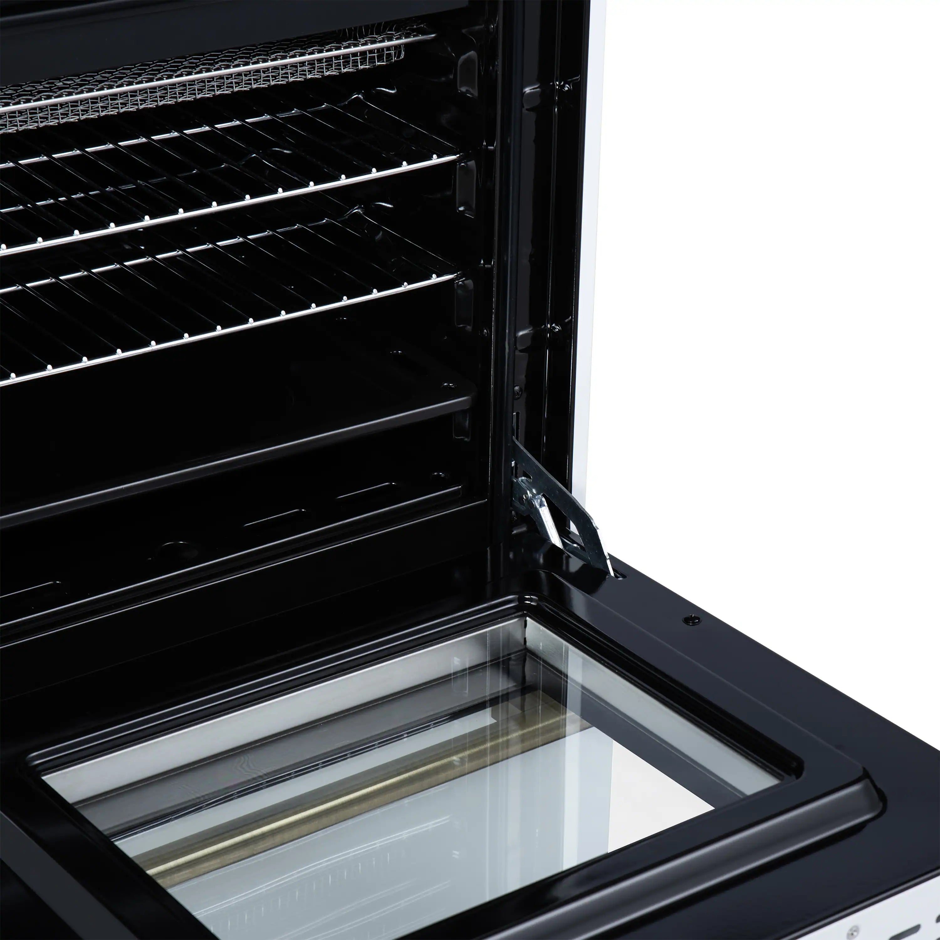 Close-up view of open oven corner with rack shelves and glass broiler area