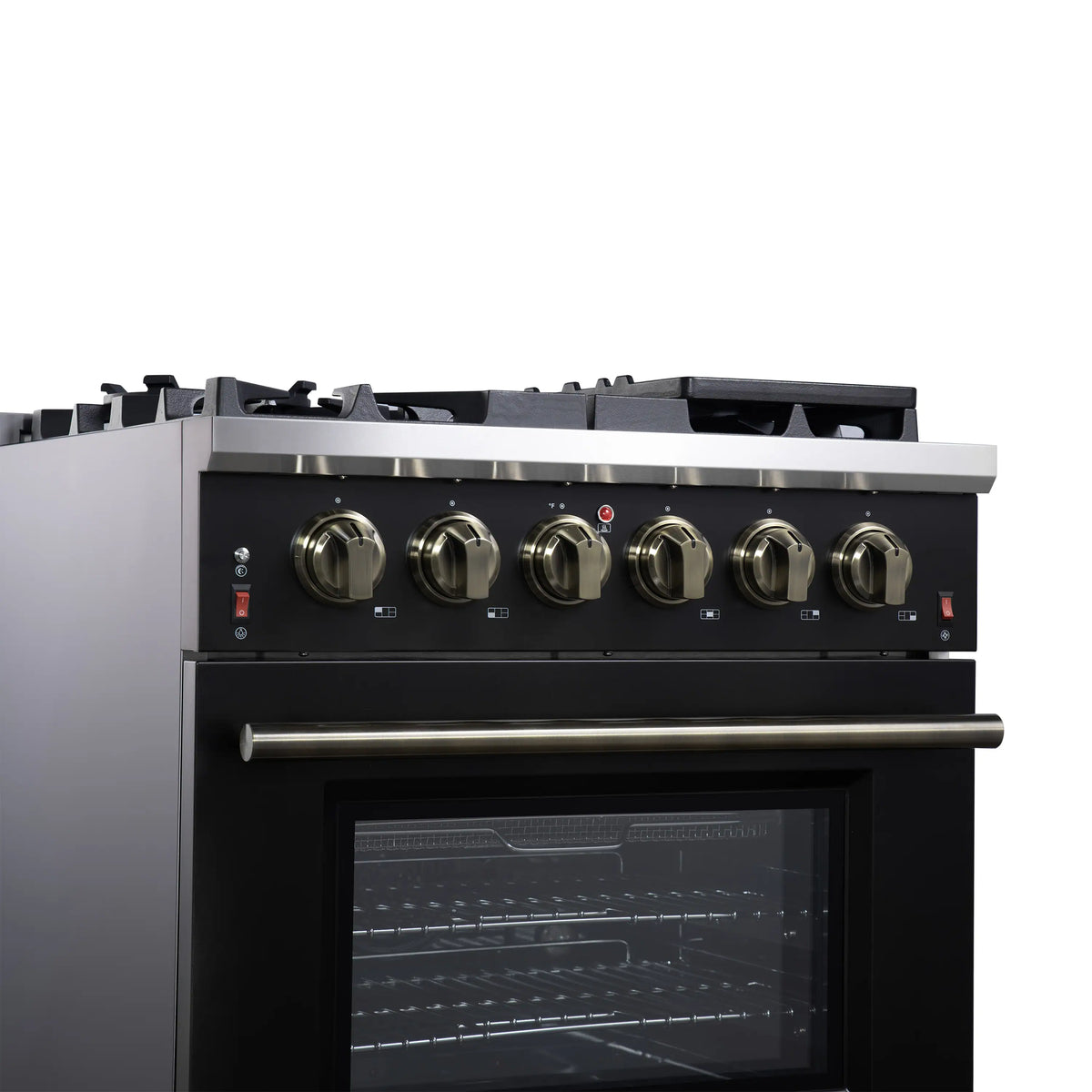 Black freestanding gas range control panel with six gold knobs and burner indicators.