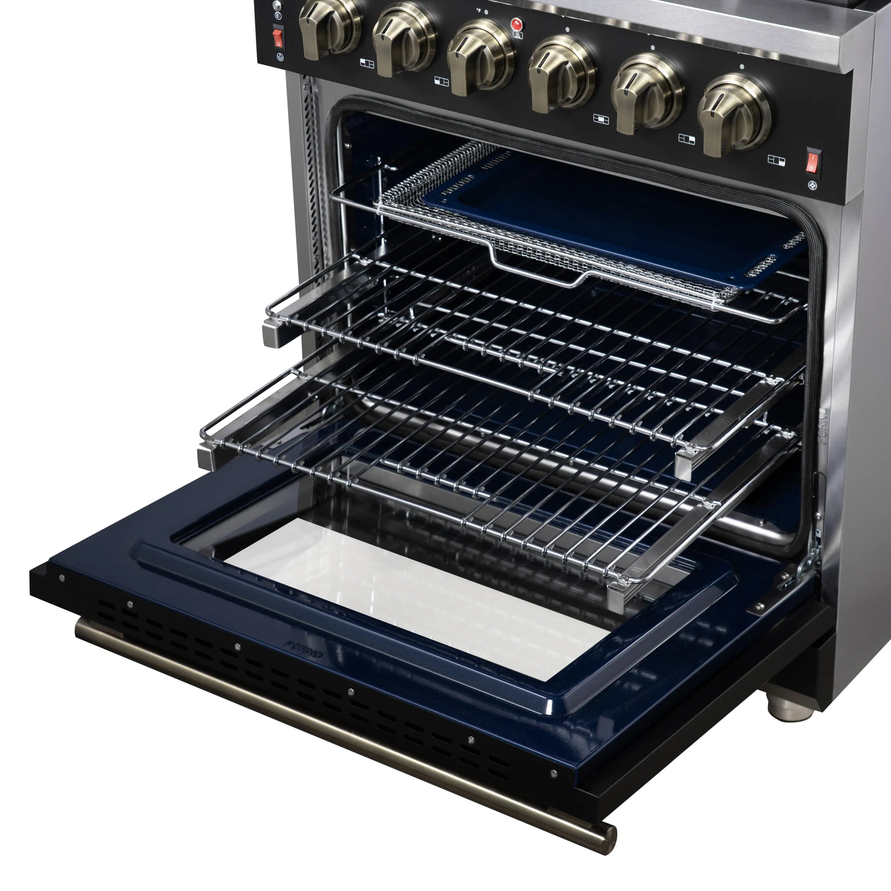 Open oven chamber with wire racks and broiler pan on black gas range, blue interior light