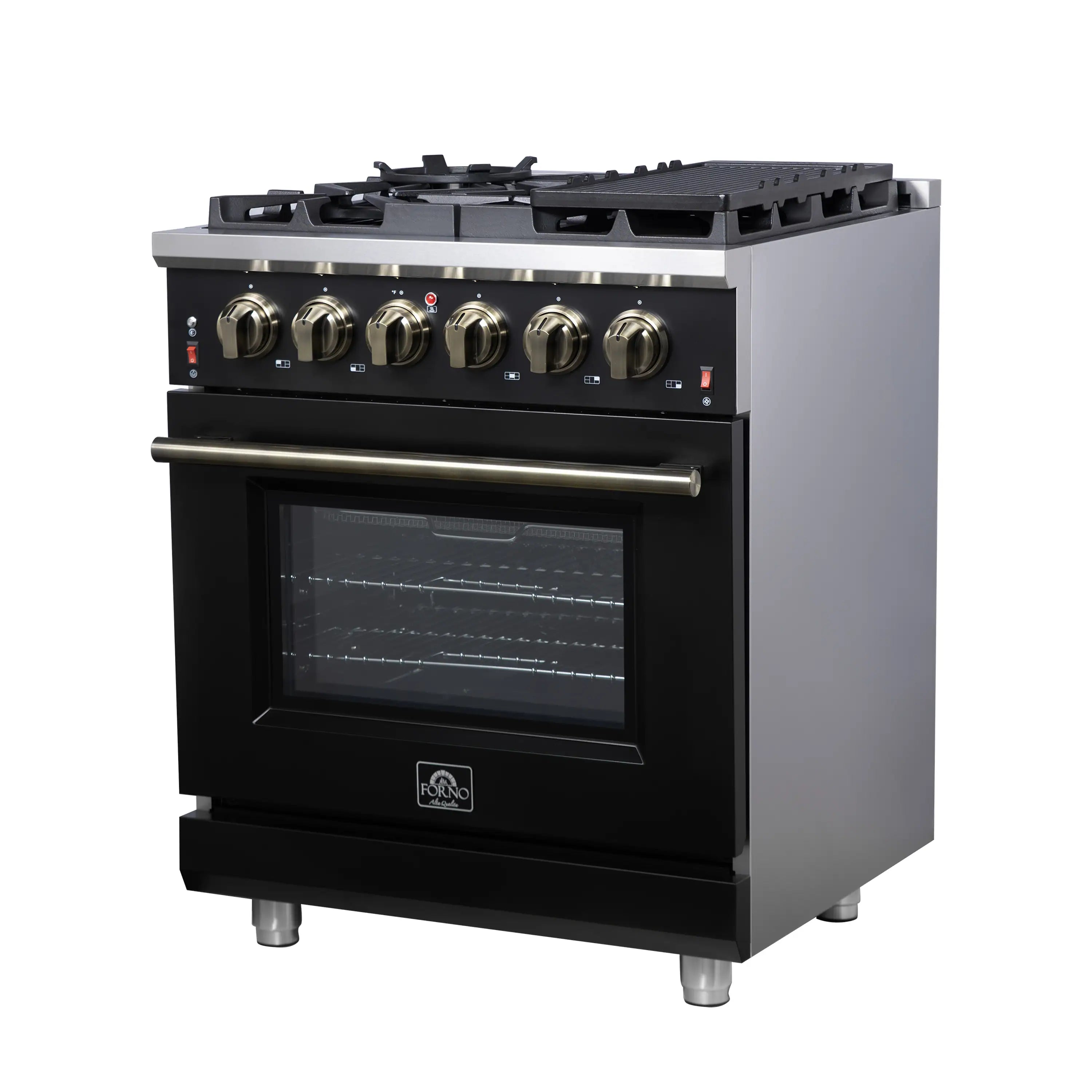 Black freestanding gas range with brass handle bar, control knobs, and oven door window