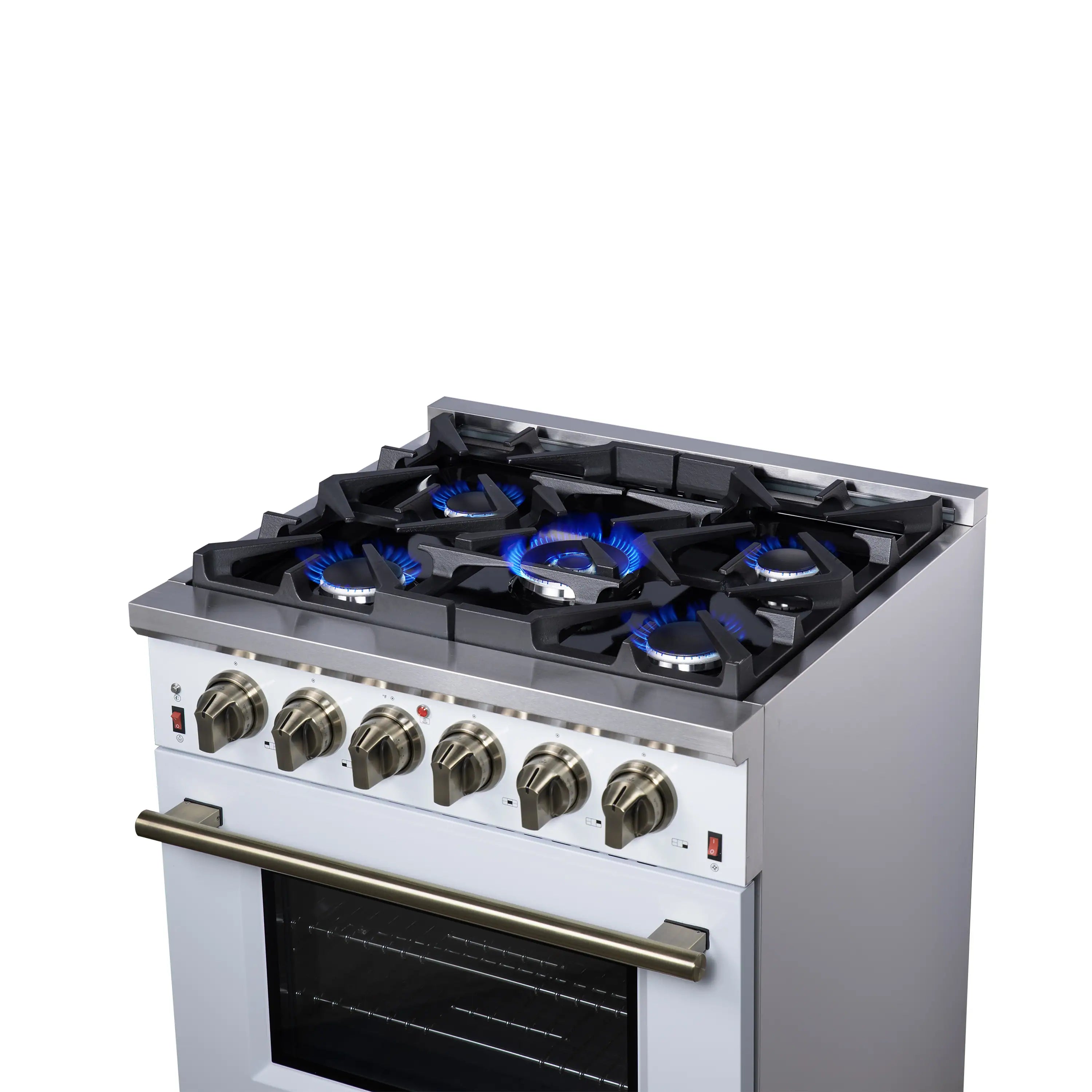White gas cooktop with four burners and blue flame ring accents.