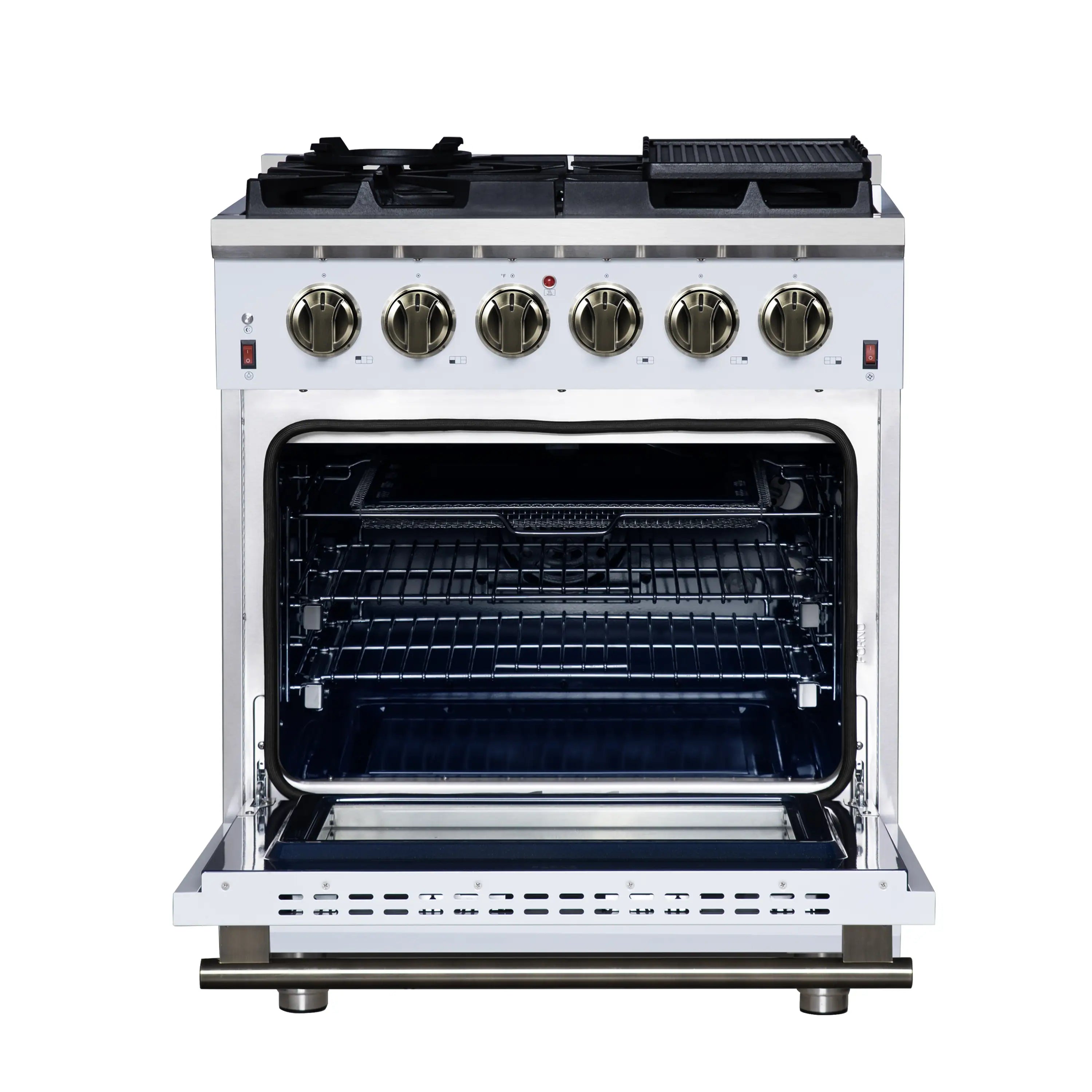 White freestanding gas range with oven door open, racks, and control area above