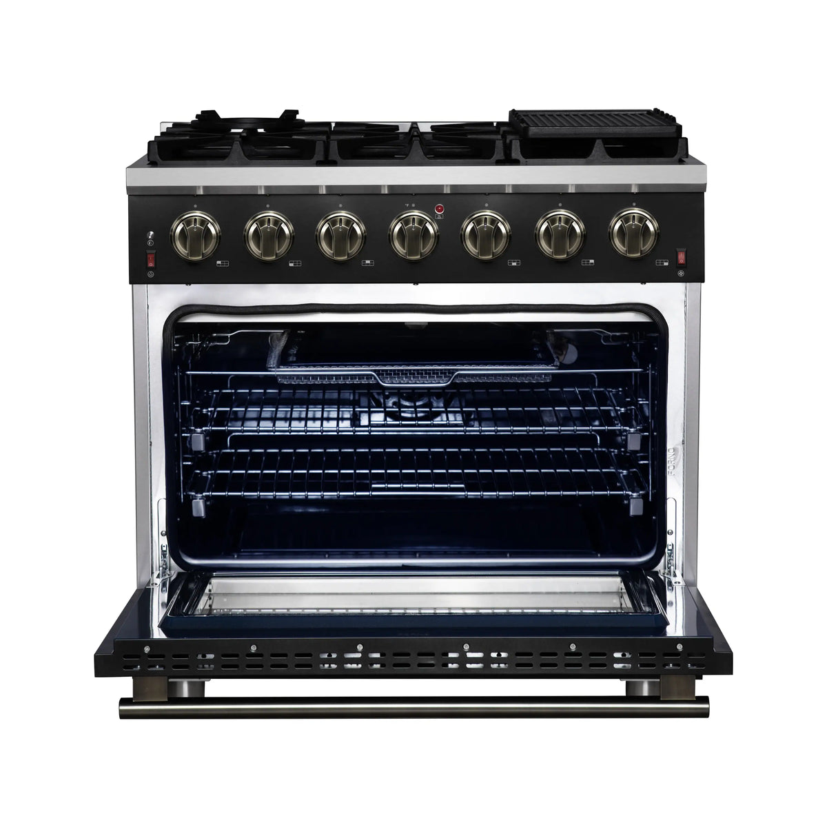 Open oven cavity with racks on a black 6-burner gas range; brass controls above.