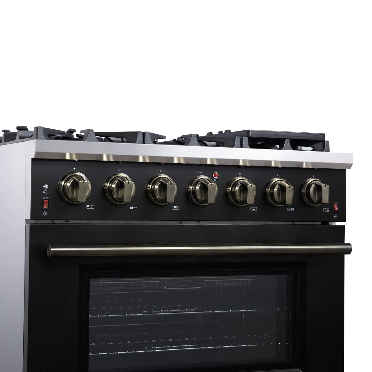 Black gas range front with 6 brass-finish control knobs and glass convection oven door.