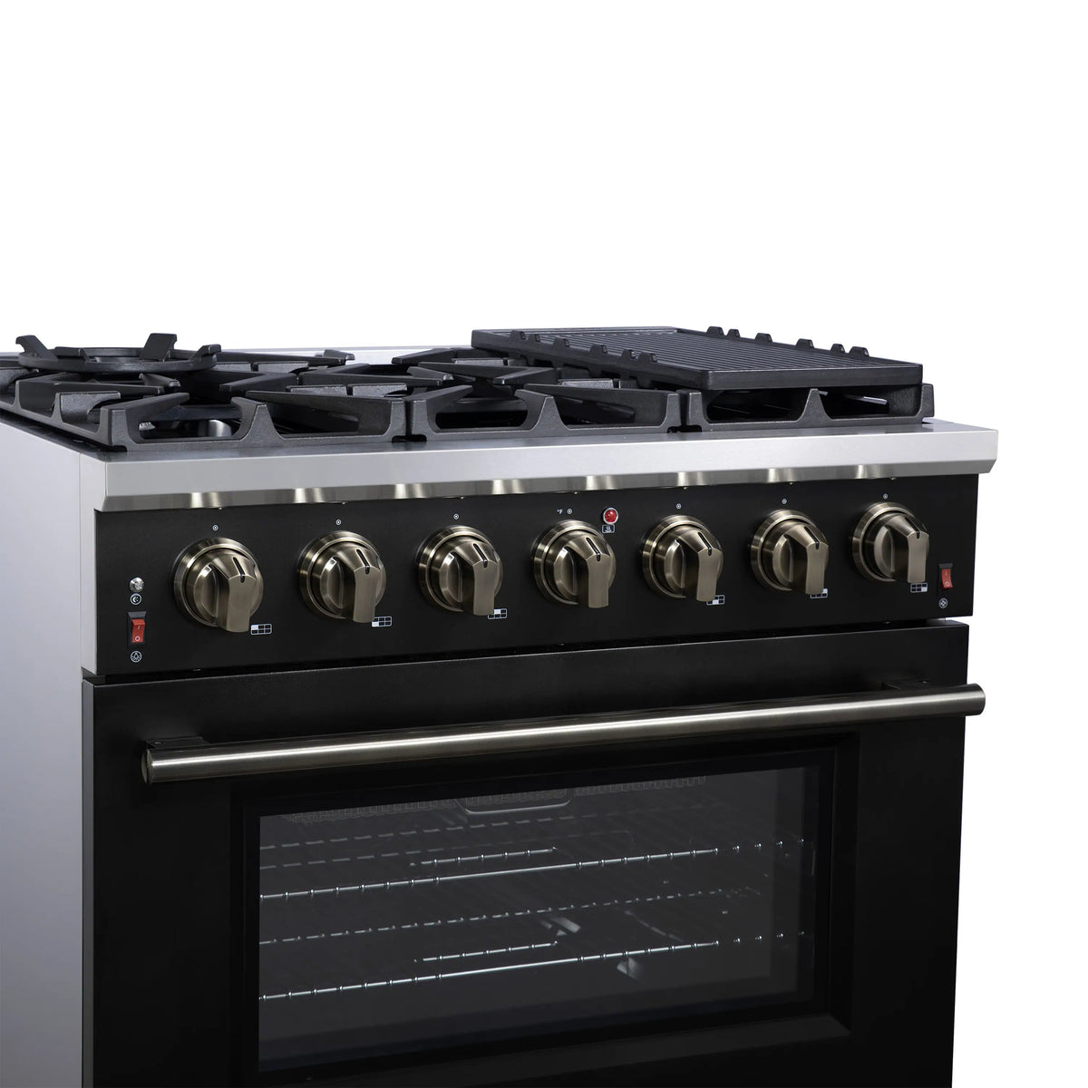 Black freestanding 6-burner gas range with brass knobs and convection oven window.