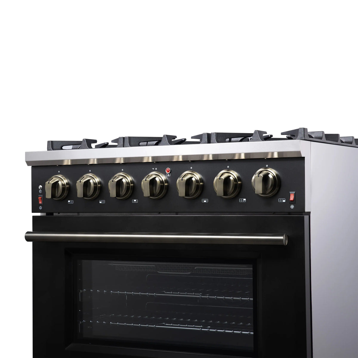 Black freestanding gas range control knobs above oven door with stainless handle