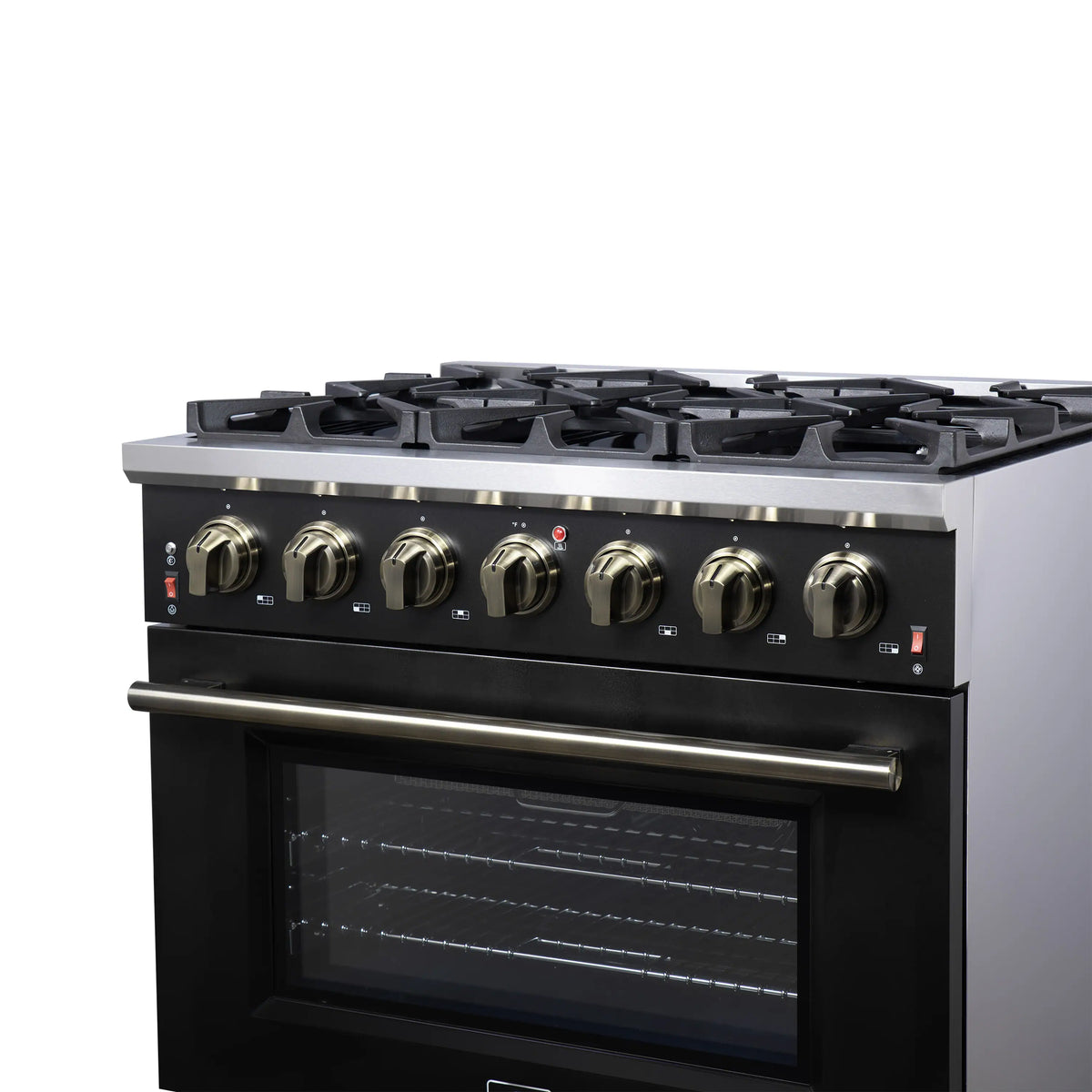 Black freestanding gas range with 6 burners and convection oven, brass control knobs.