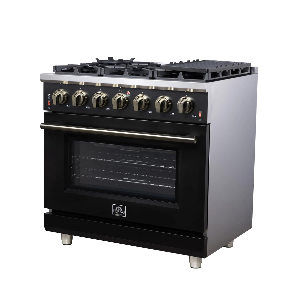 Black freestanding 6-burner gas range with convection oven door and brass knobs, side view.