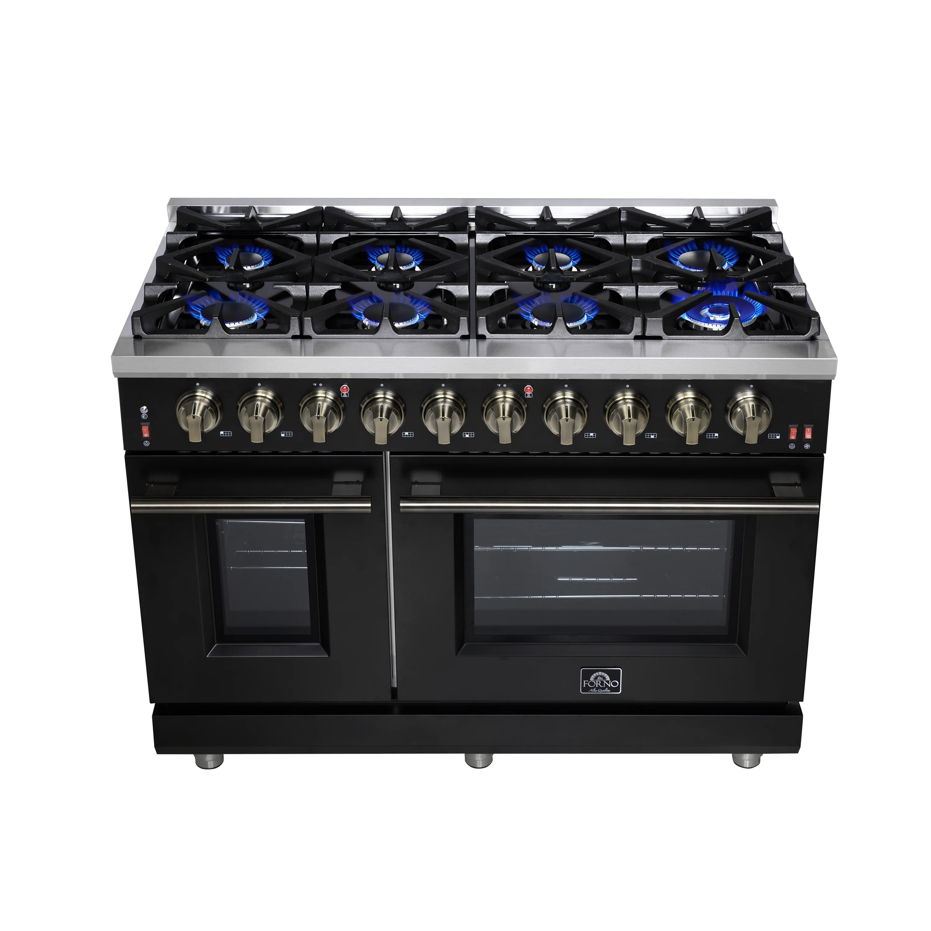 Black freestanding gas range with 8 lit burners, brass knobs, and oven doors