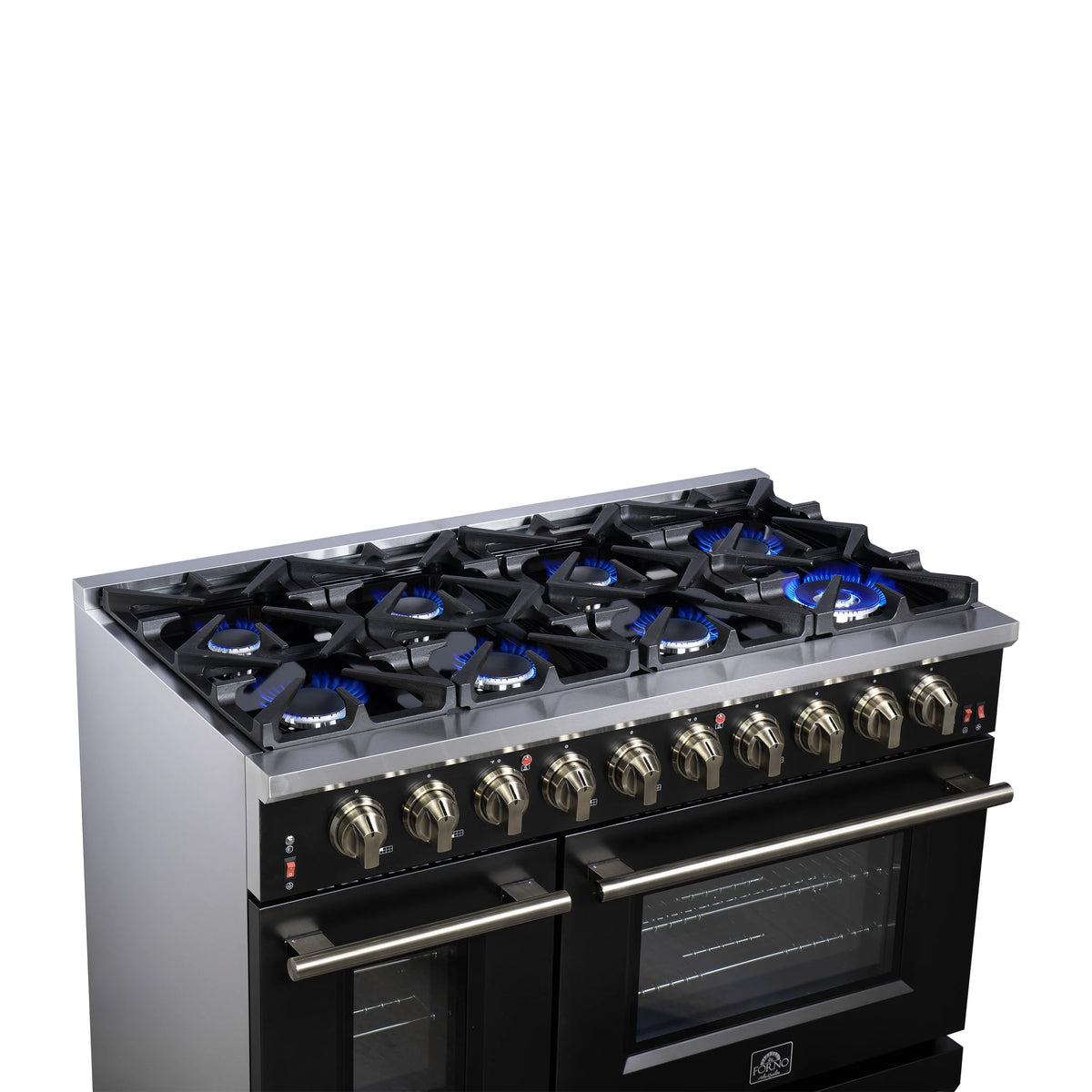 Black gas range with 8 burners across the cooktop and brass control panel