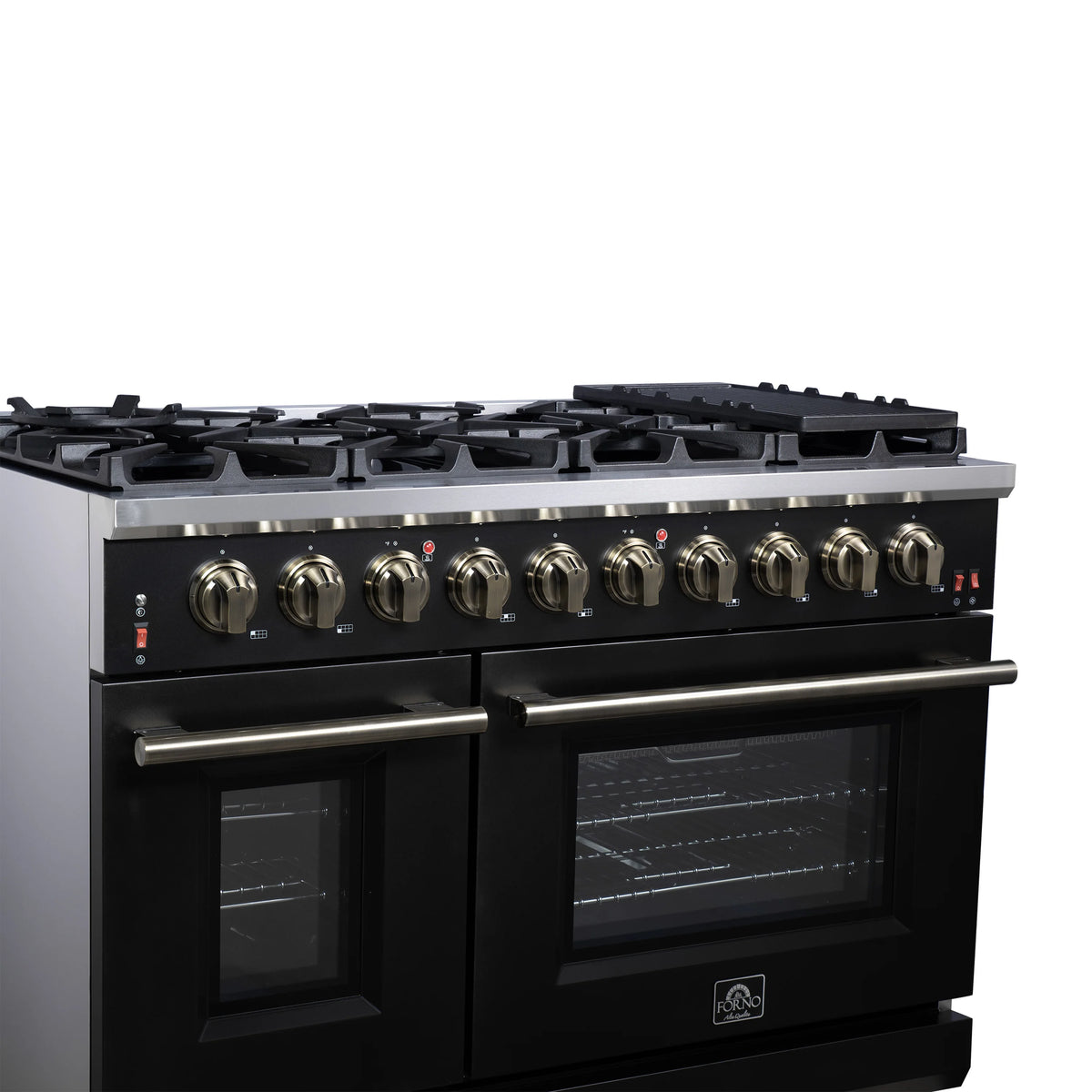 Black freestanding gas range with brass-toned knobs and oven doors with window panels