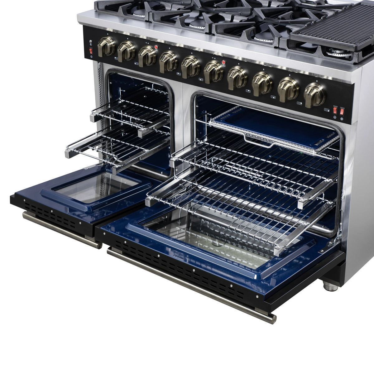 Black gas range with open oven doors, wire racks, and brass-toned burner control panel