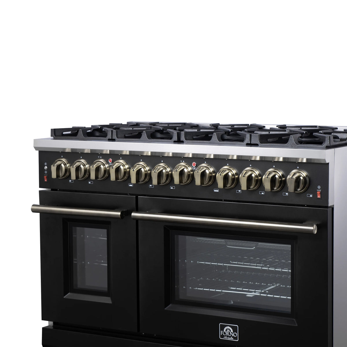 Black gas range front view with brass-toned control knobs and two oven windows