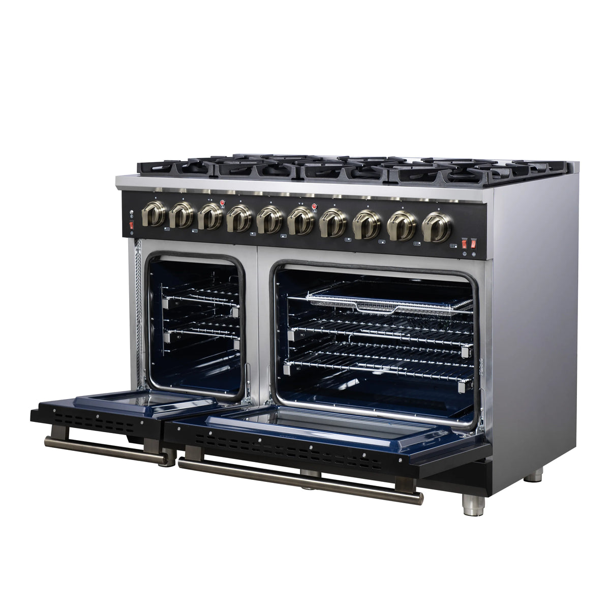 Black freestanding gas range with both ovens open and brass-toned burner control knobs