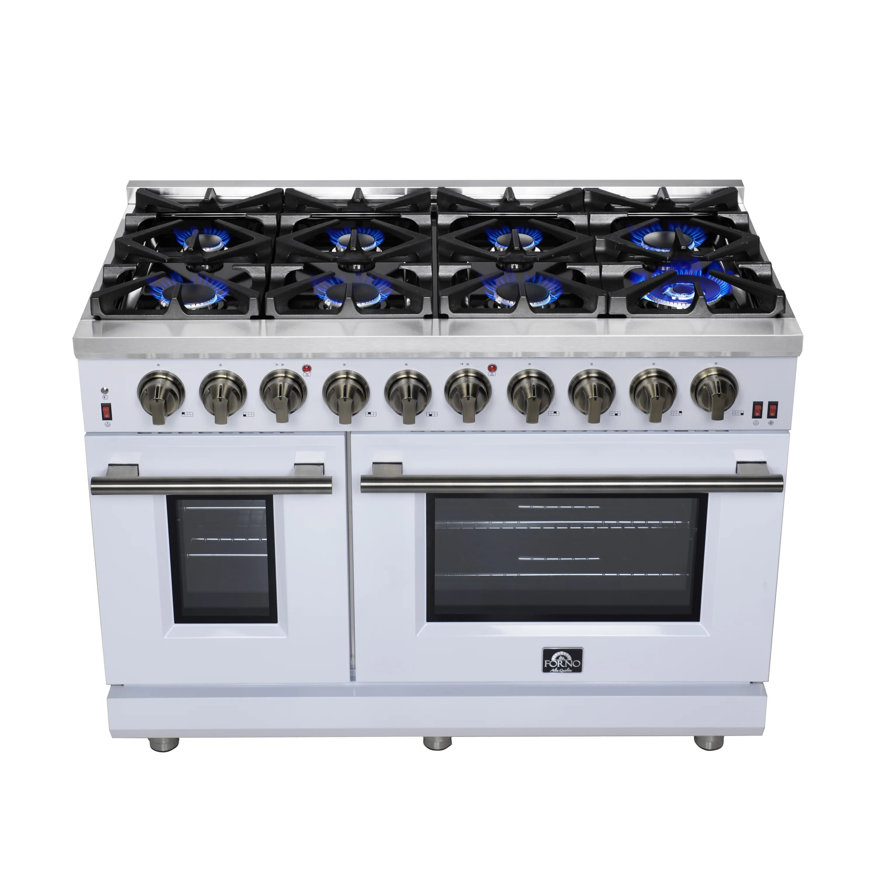 White freestanding gas range with 8 burners and dual oven doors, front view.