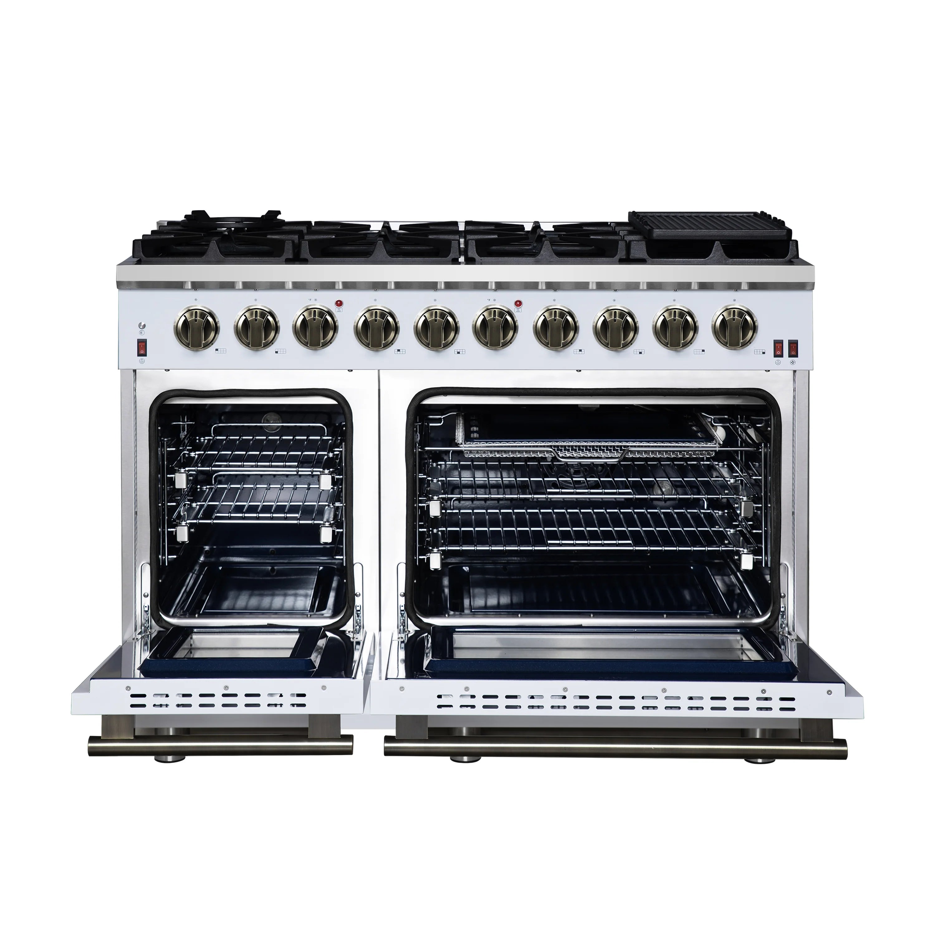 White freestanding gas range with 8 burners and dual convection ovens, doors open.