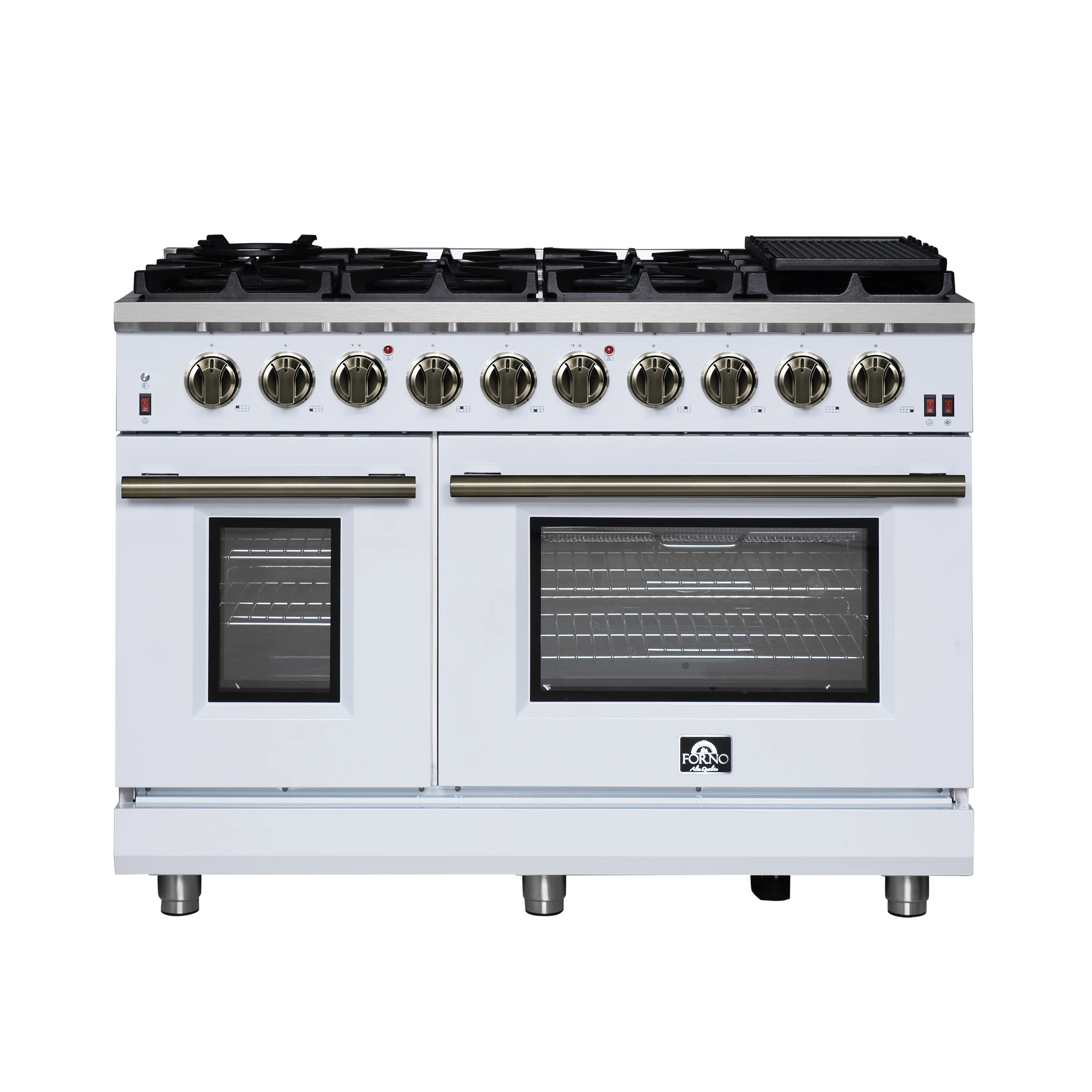 White freestanding gas range with 8 burners and two oven doors, front view.