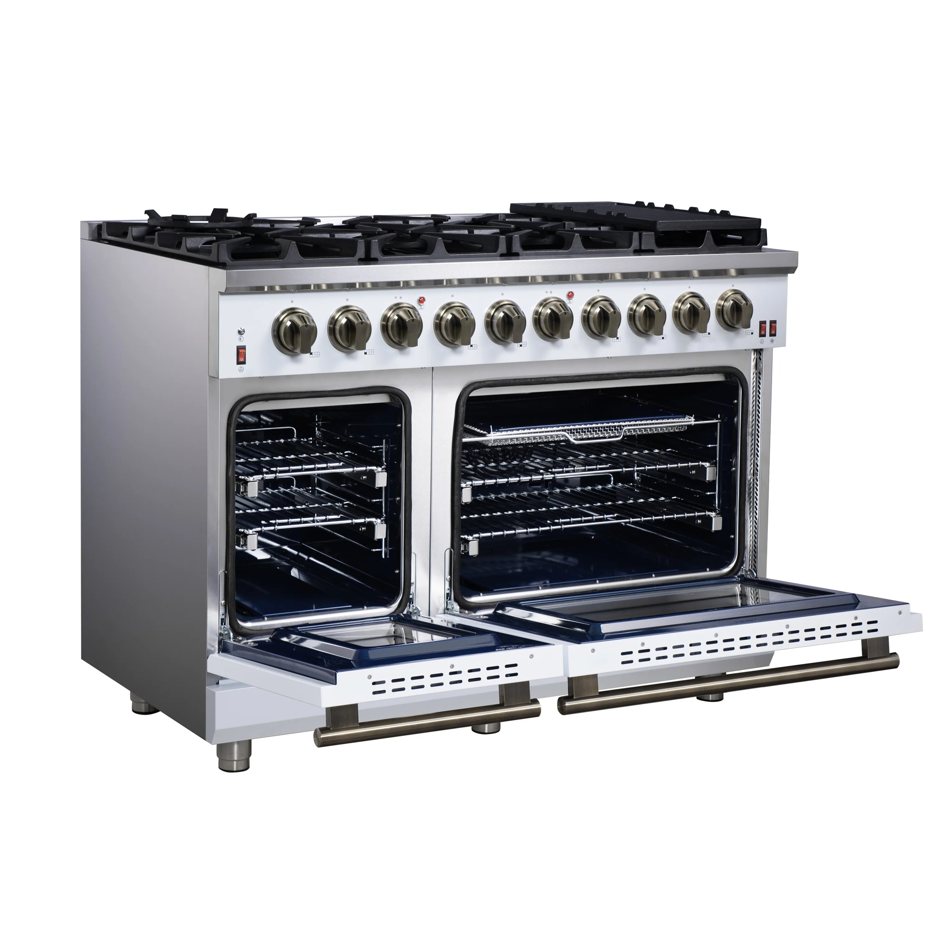 White freestanding gas range with brass knobs, dual oven openings, and black burner grates