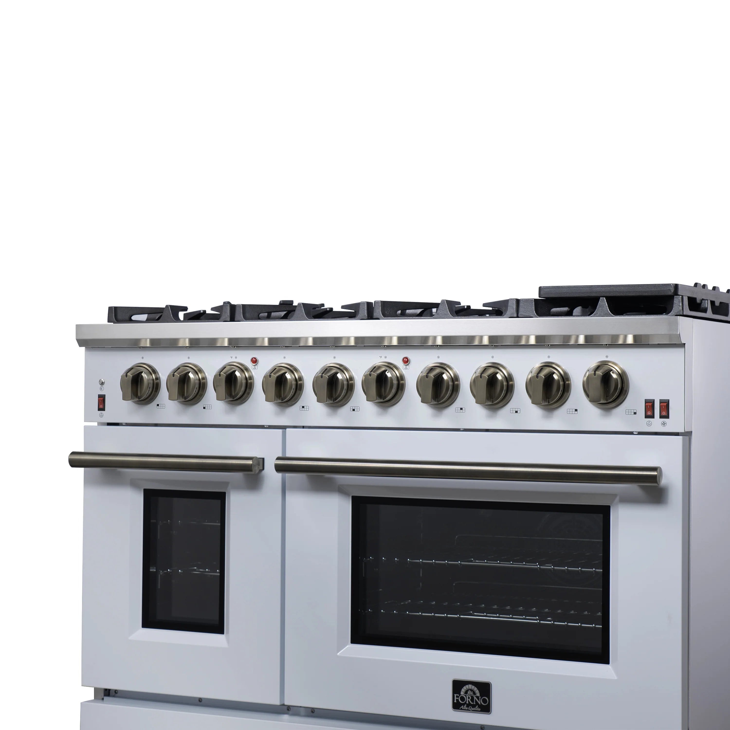 White freestanding gas range with stainless top, brass knobs, and two oven windows