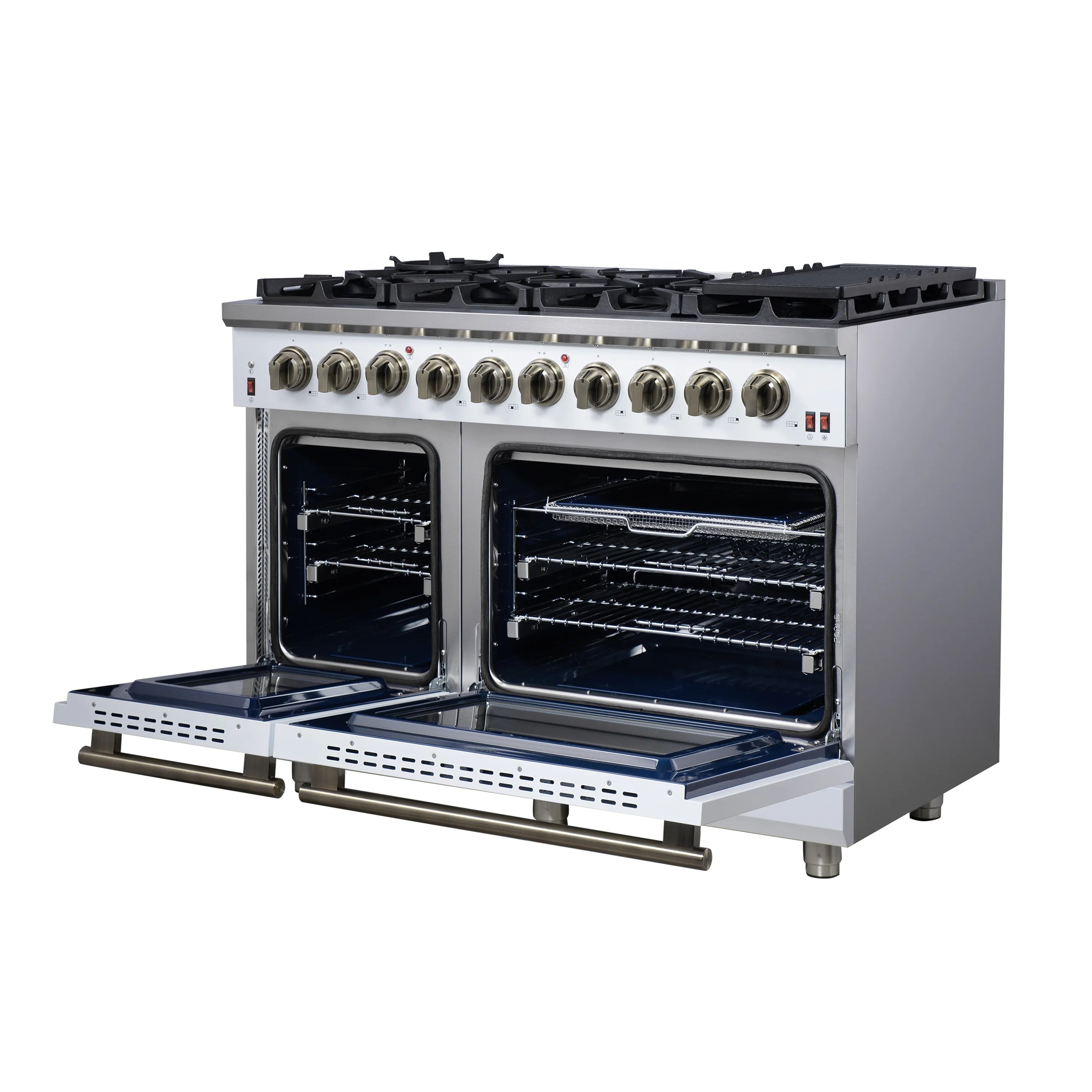 White freestanding gas range with two convection ovens, doors open and 8 burner knobs.