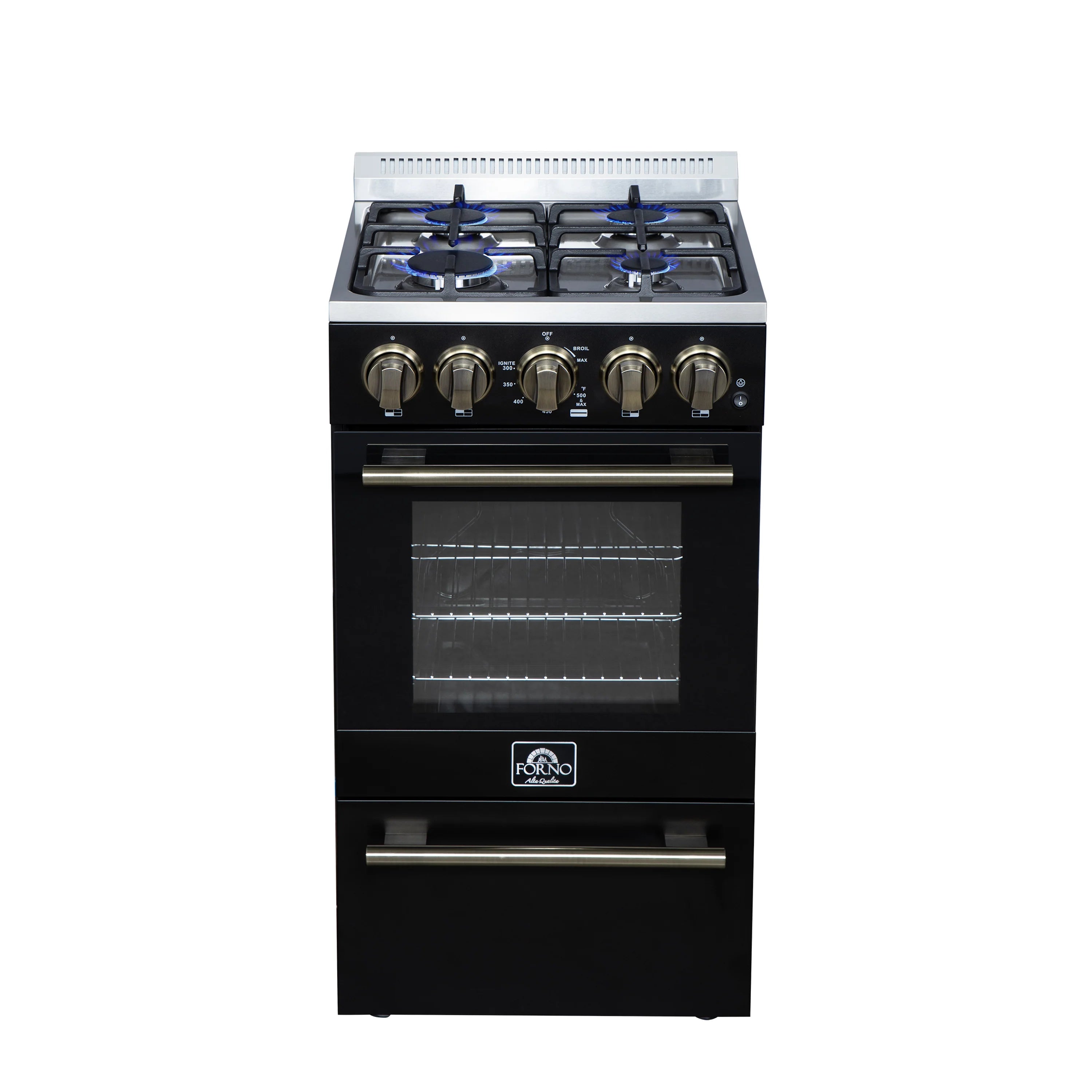 Black freestanding gas range with antique brass knobs, burner grates, and glass oven door