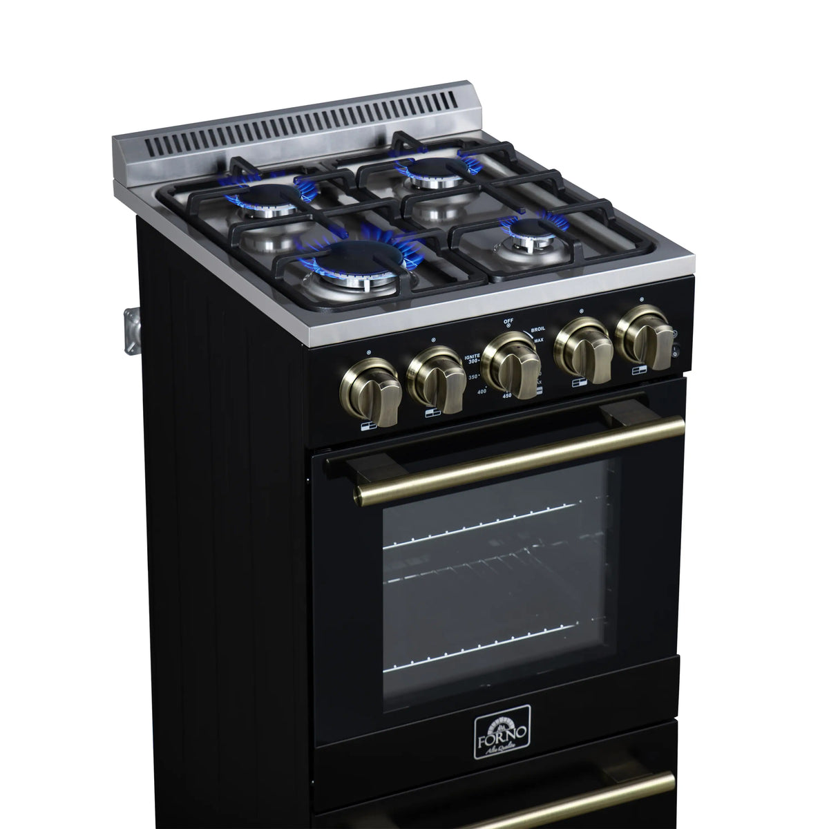 Black freestanding gas range with four blue flame burners, brass control knobs, and oven door