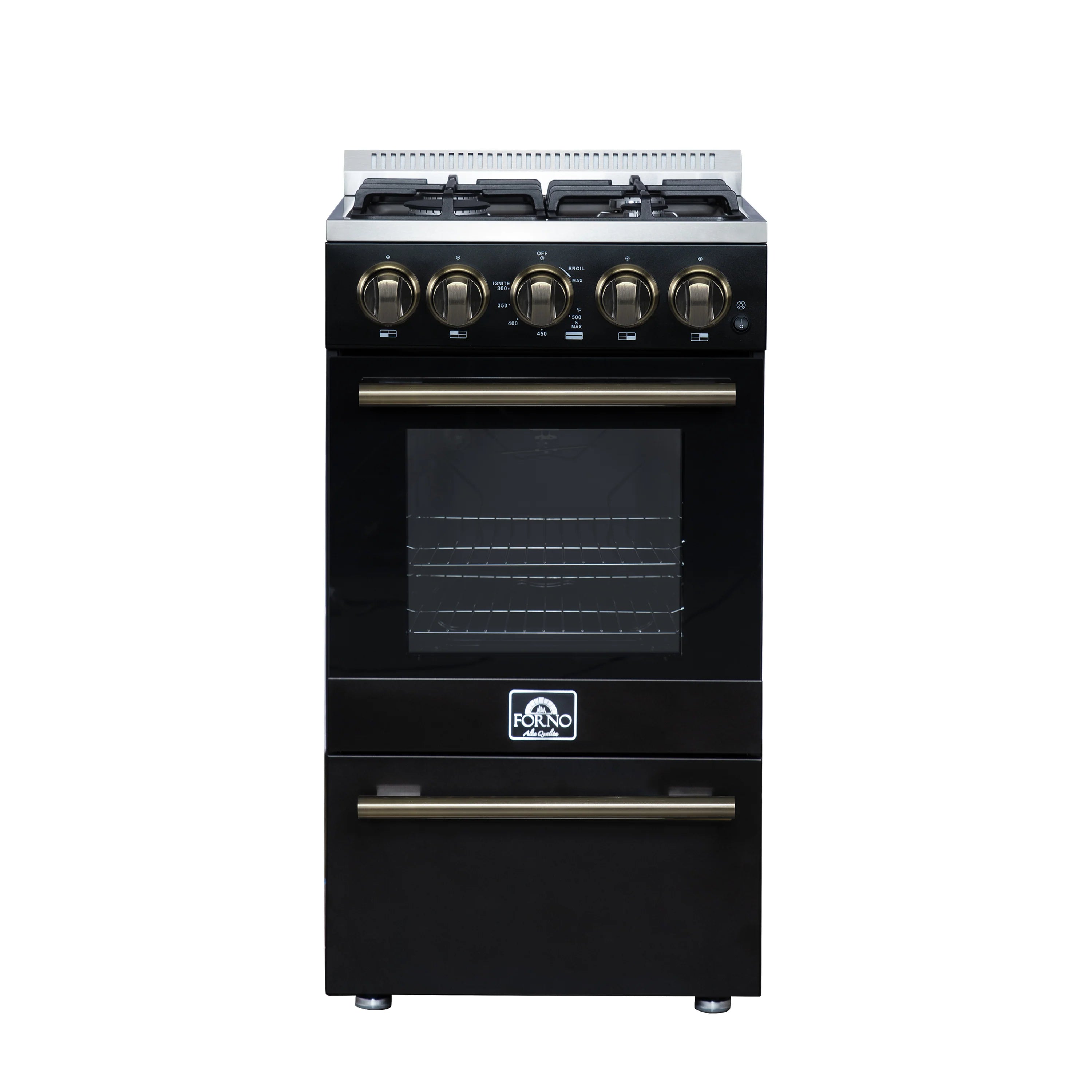 Black freestanding gas range with brass control knobs, flat top, and glass oven door