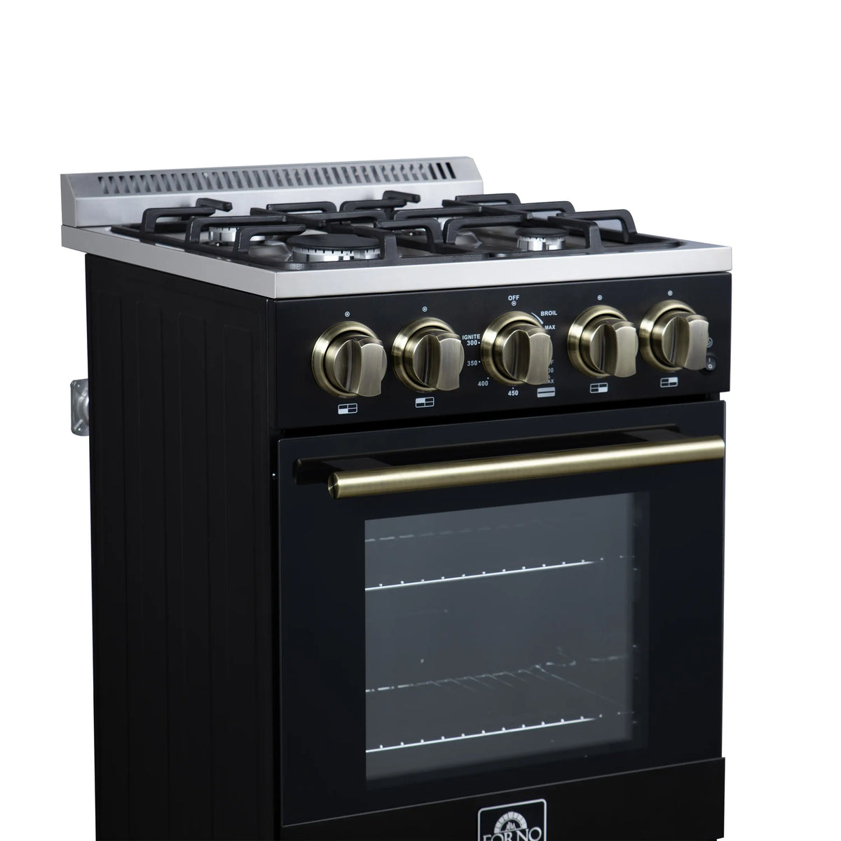 Freestanding black gas range with antique brass trim, four burners and oven door