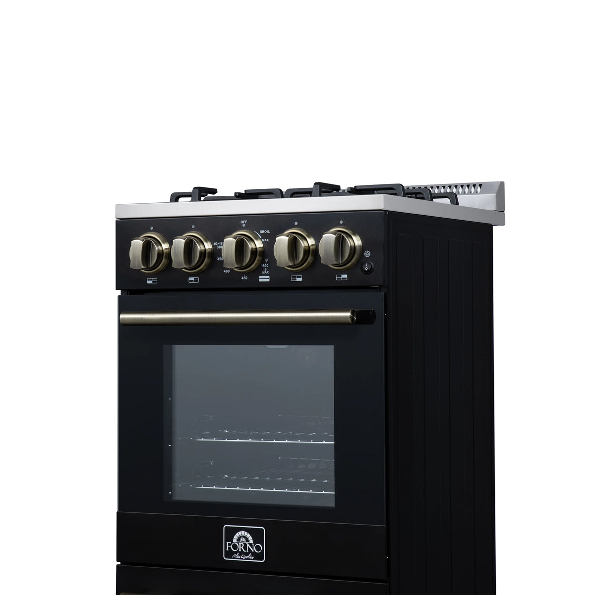 Black freestanding gas range front corner view with brass knobs and oven window