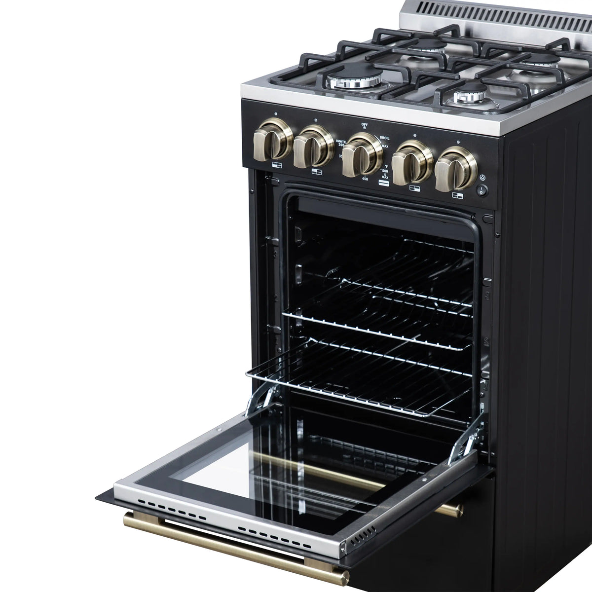 Freestanding black gas range with oven door open and wire racks inside