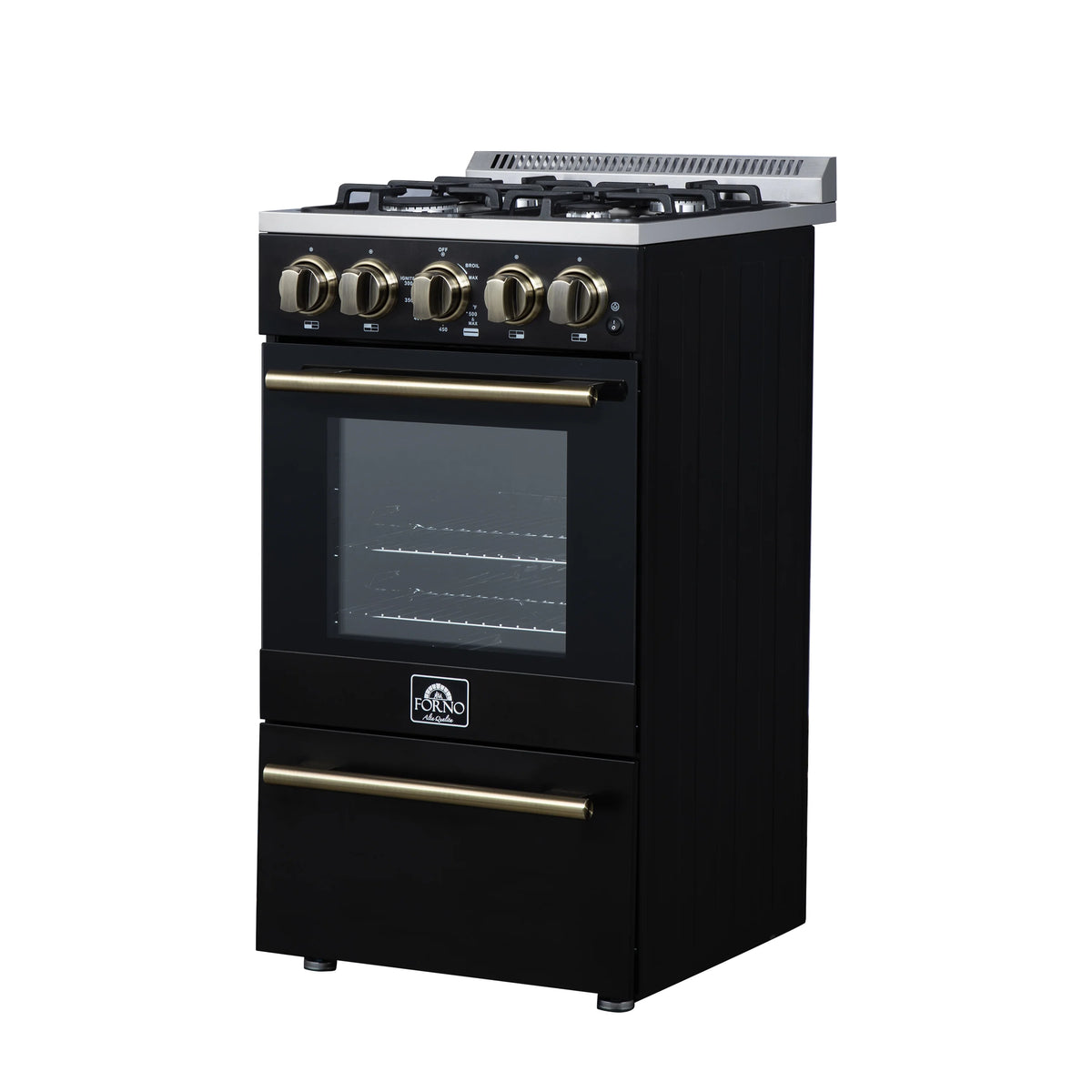 Black freestanding gas range with brass handle, oven window, and front controls