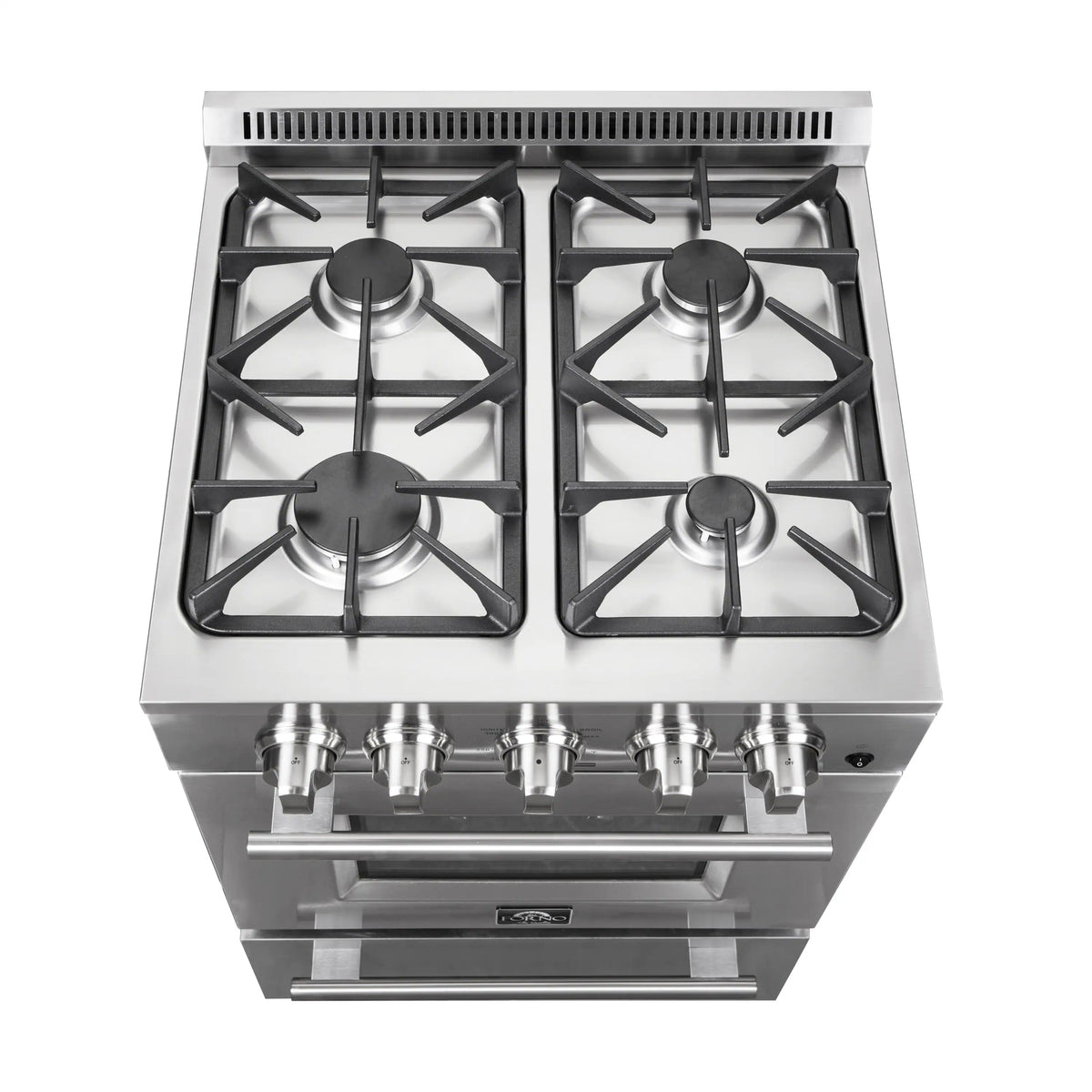Top view of stainless gas cooktop with four burners, black grates, and control area.