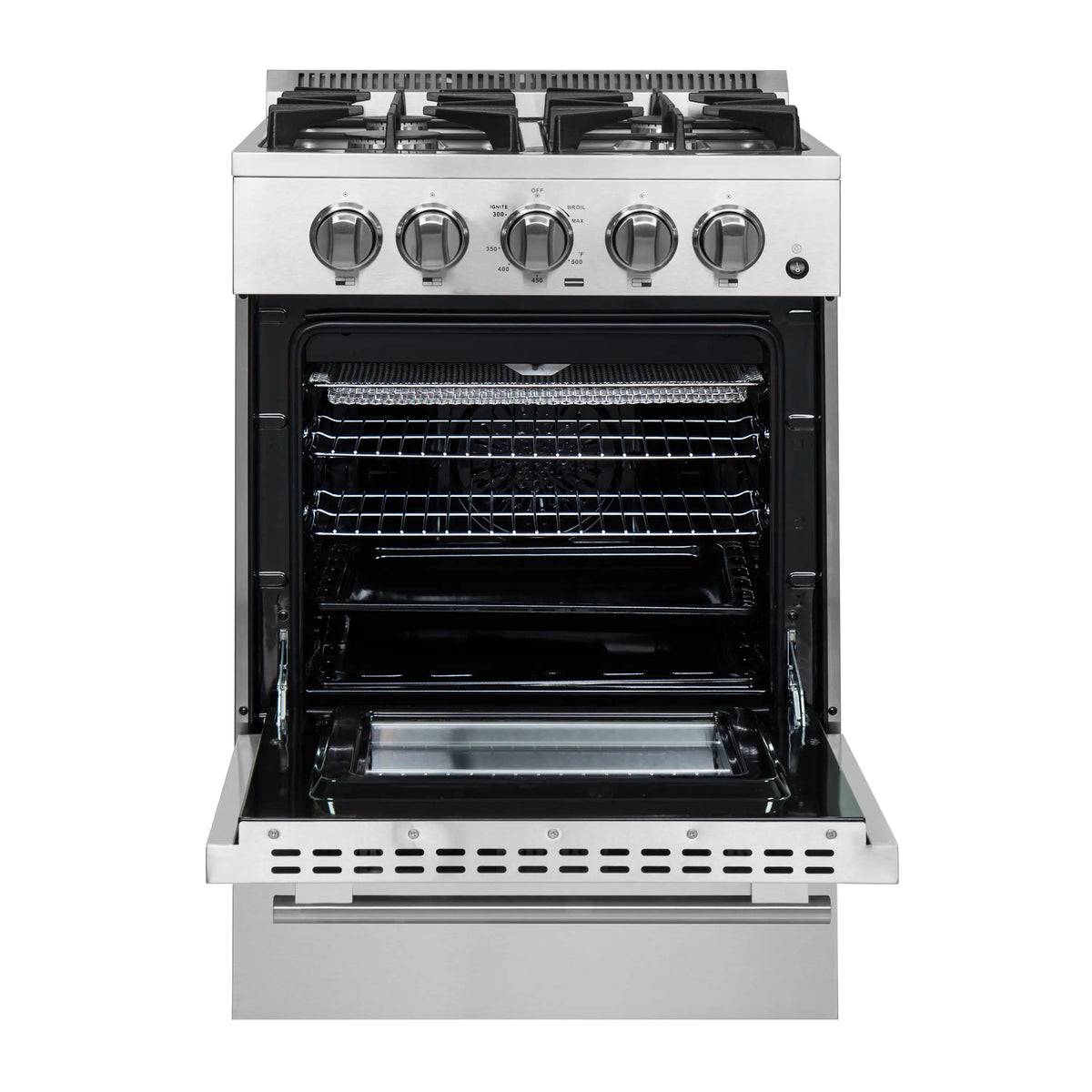 Stainless steel gas oven with open door, wire racks, and black interior