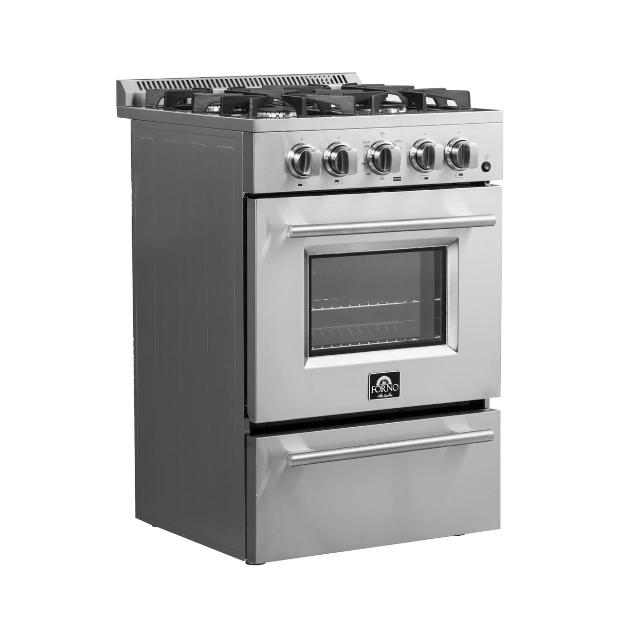 Stainless steel gas range with four burners, chrome knobs, and oven window