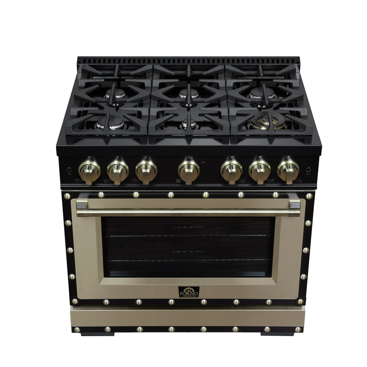 Black gas range showing burners, brass control knobs, and oven door with brass trim details.