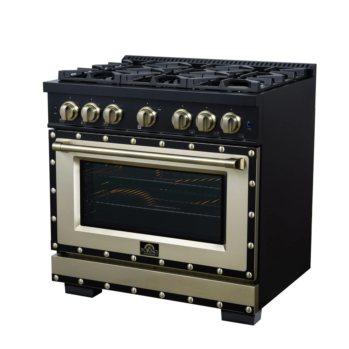 Black 36-inch gas range with brass knobs, decorative copper trim, and viewing oven window.