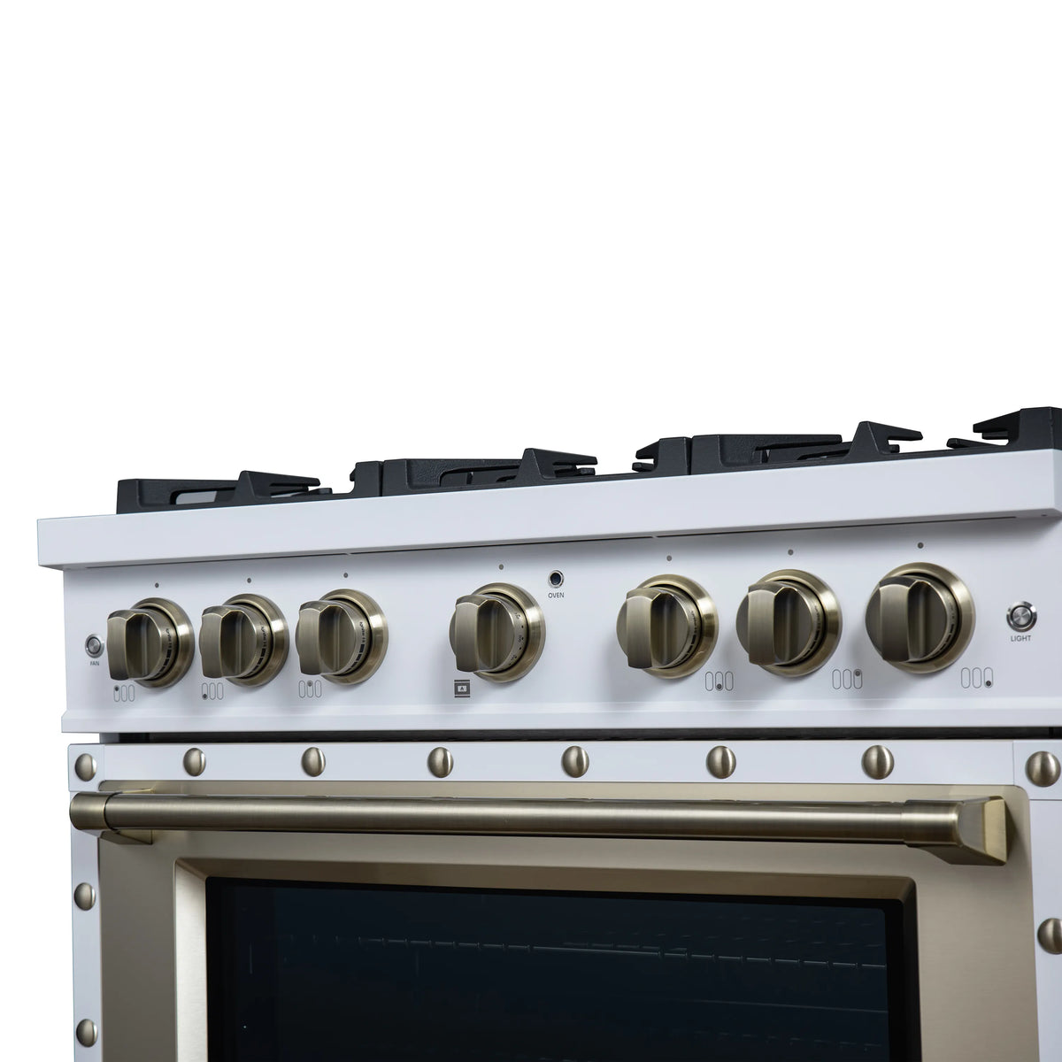 White gas range front panel with black cooktop grates and brass knobs with rail
