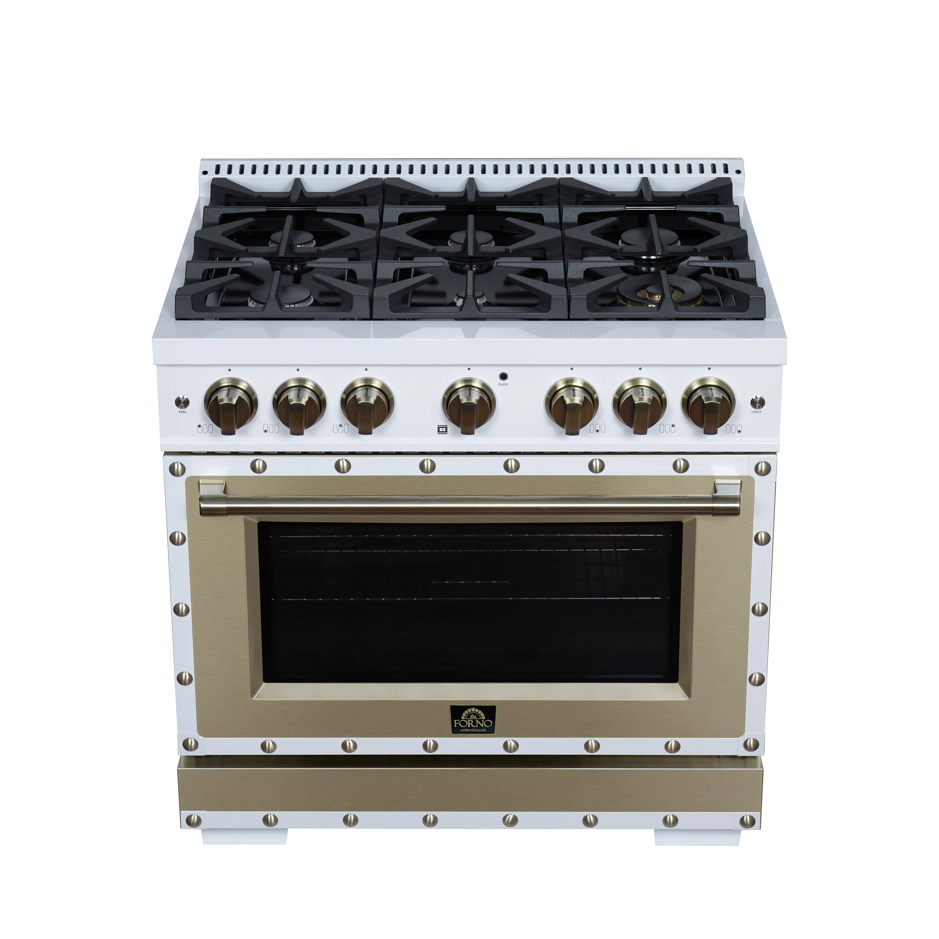White 36-inch gas range with brass knobs and six sealed burners above closed oven door
