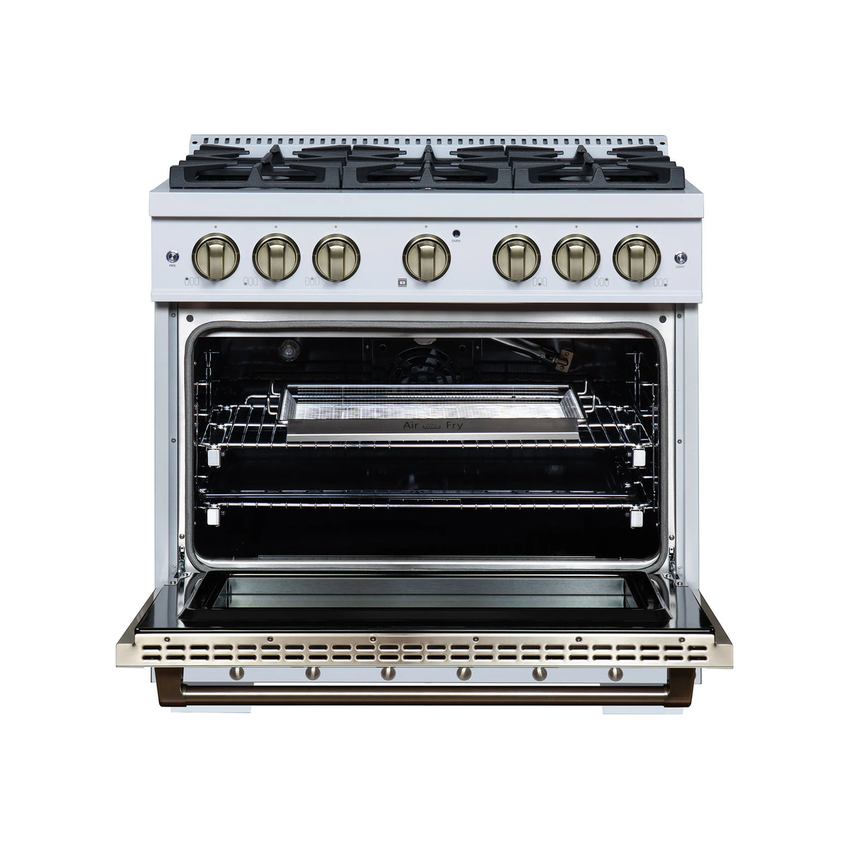 White 36-inch gas range with oven door open, convection fan area visible, brass knobs