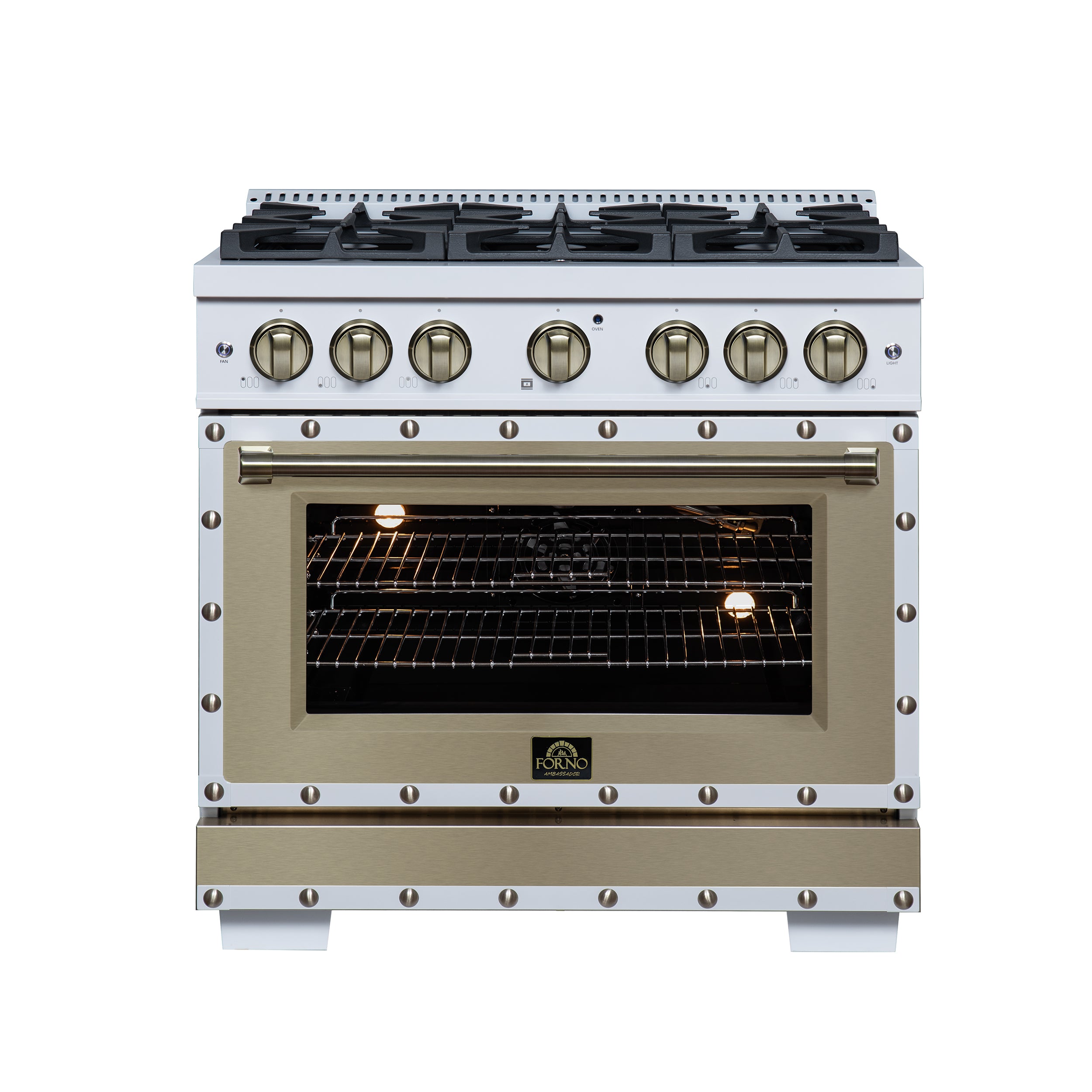 White 36-inch gas range with brass knobs, six burners, and convection oven door window