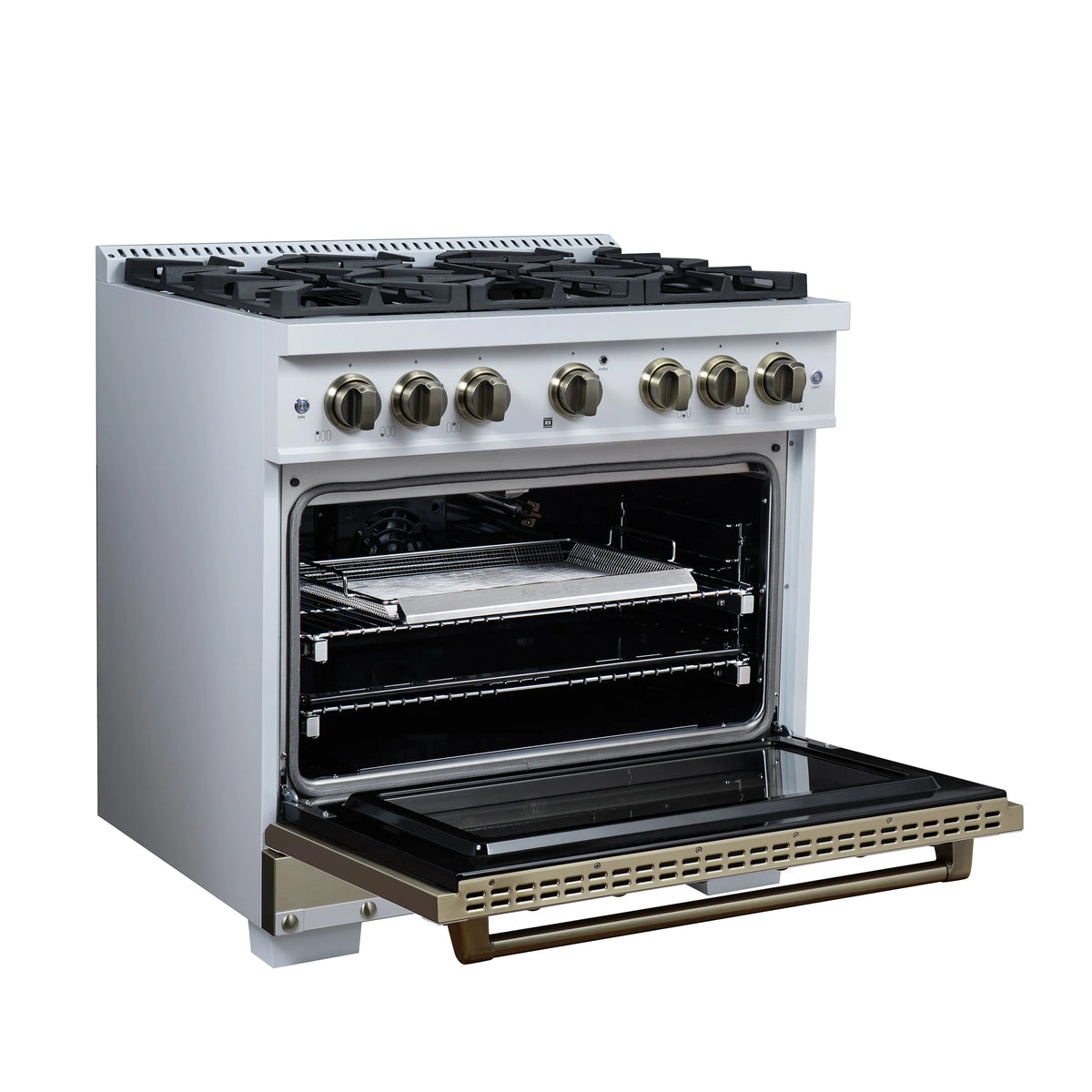 White 36-inch gas range with oven door open and removable-style racks, brass trim