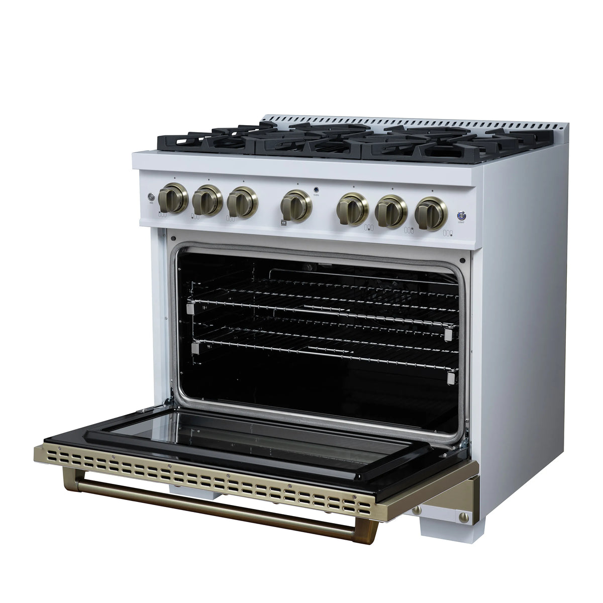 White gas range with open oven door, black interior, and brass trim handle