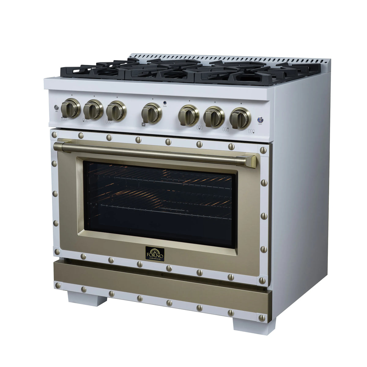 White gas range with black burner grates, brass knobs, and oven door accents