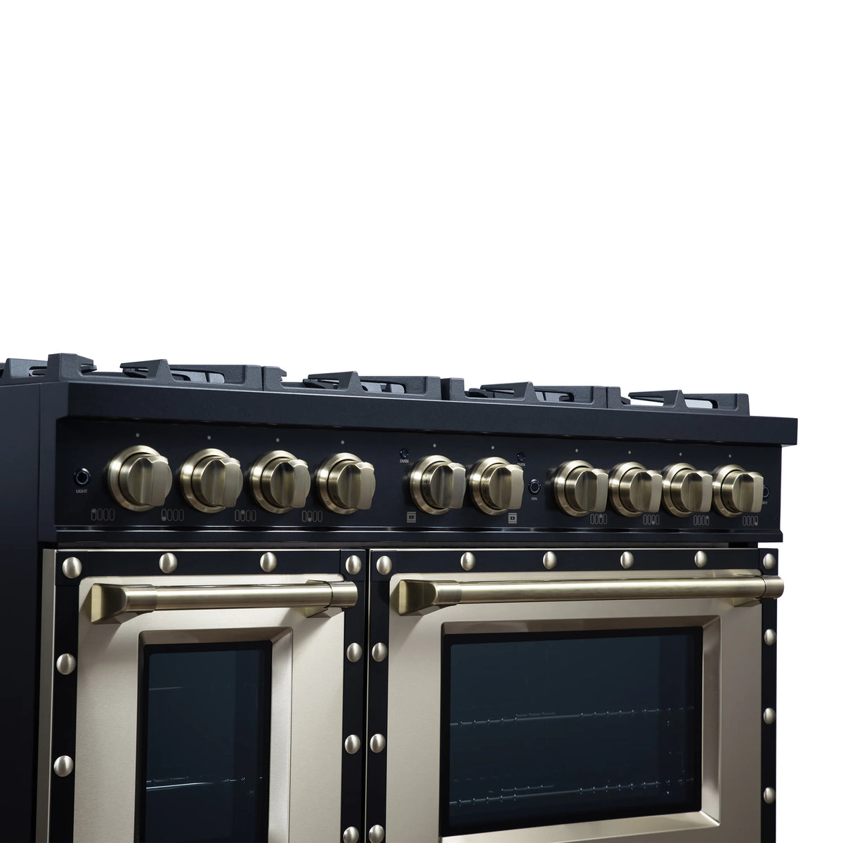 Black gas range with two oven windows, brass handles, and studded trim.