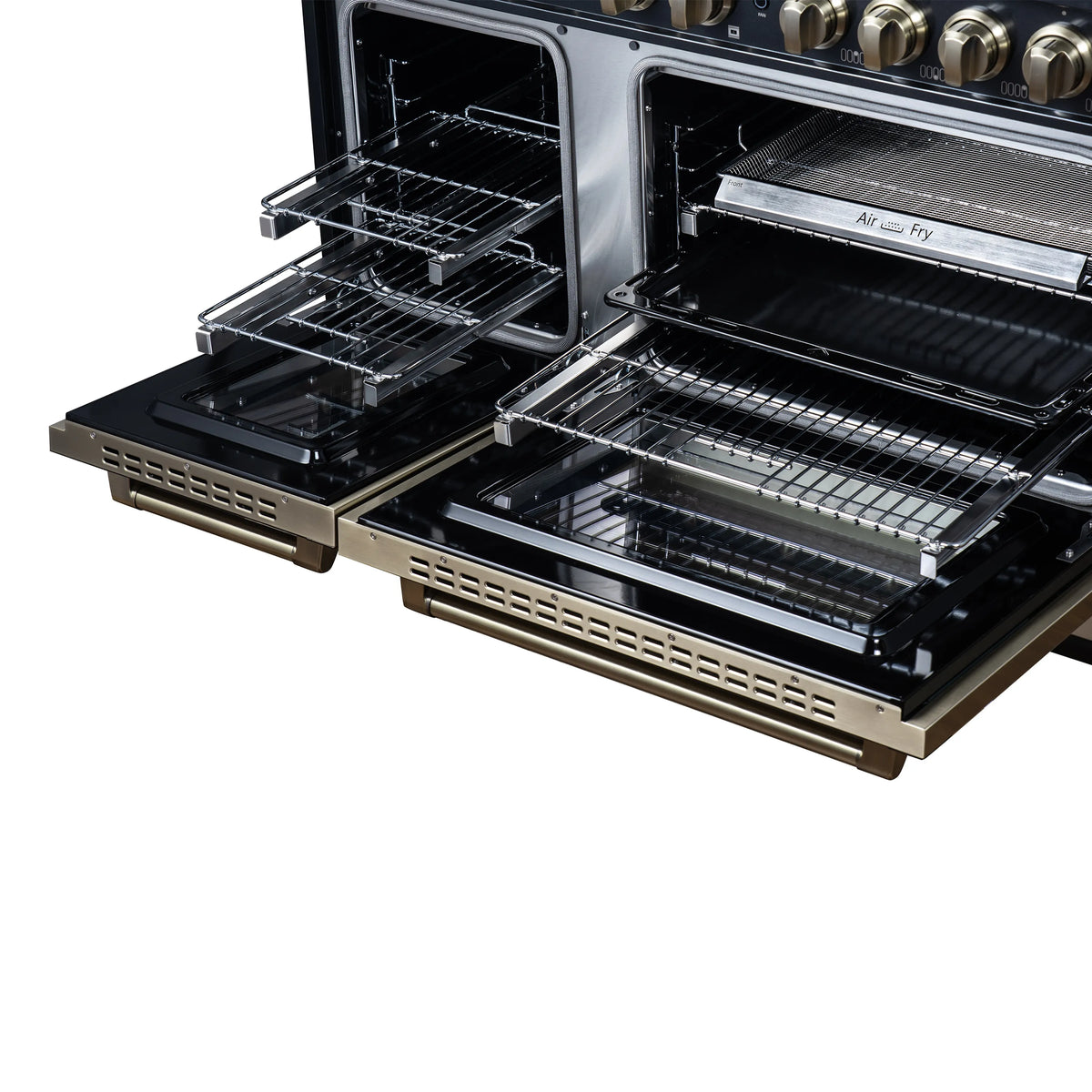 Black double oven with open doors, mesh racks, and Air Fry tray on pullout rail