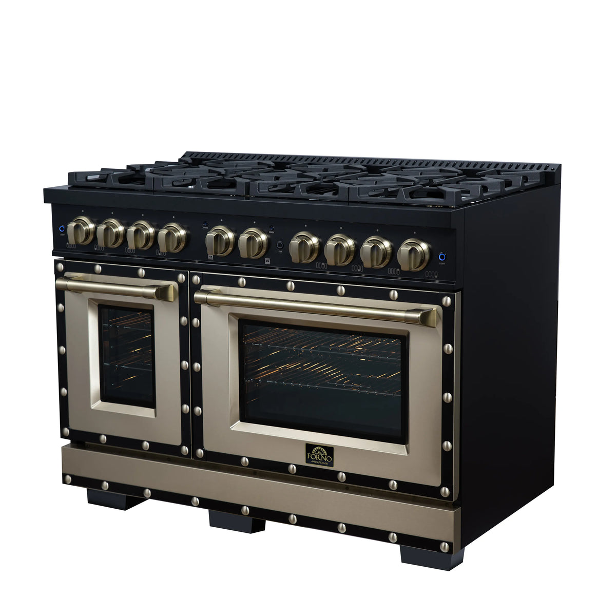 Black 48 in gas range with brass knobs, copper trim, and dual oven windows